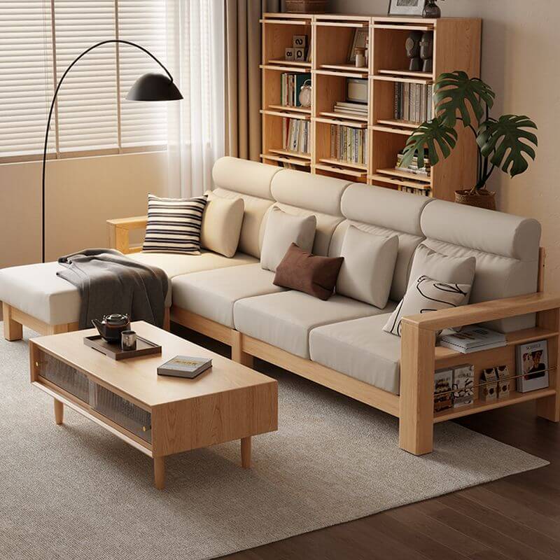 Minimalist Modern 4-Seater Sofa Couch with Square Arm, Storage Ottoman & 2 Pillows - Dark Grey/Cream - Perfect for Living Room, Lounge & Small Spaces