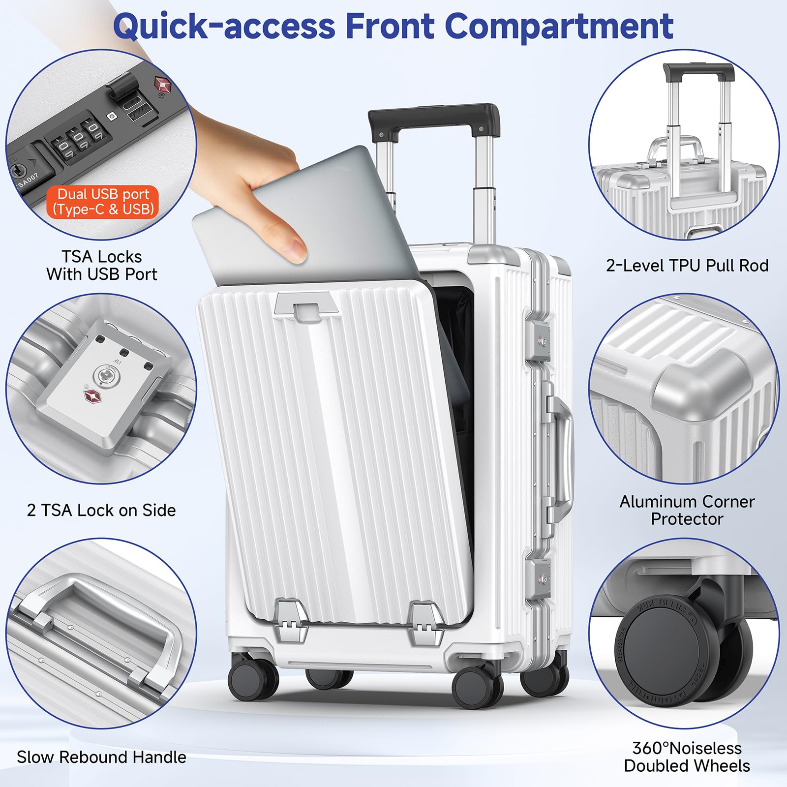 TSA Approved 22x14x9 Inch Carry On Luggage with 360° Spinner Wheels - Aluminum Frame Business Suitcase with Laptop Compartment & Cup Holder, Flexible Handle for Air Travel (White) - Perfect for Business Trips & Weekend Getaways
