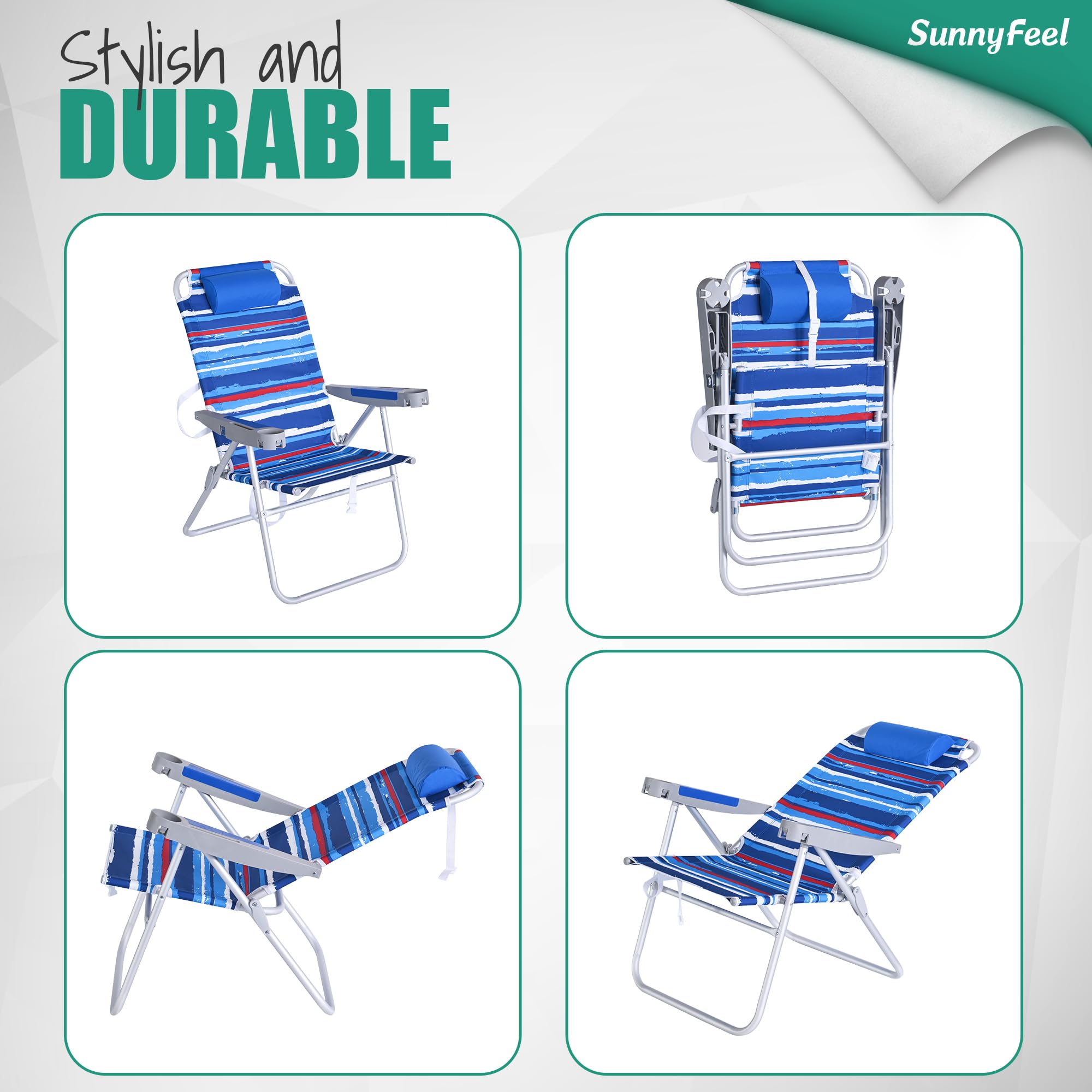 SUNNYFEEL Heavy Duty 500LB Tall Folding Beach Chair - Lightweight Portable Sand Chair for Adults with Cup Holders - Foldable High Back Camping Lawn Chair for Camping, Outdoor, Picnic, Concert, Sports, Beach, Backyard, Poolside Relaxation