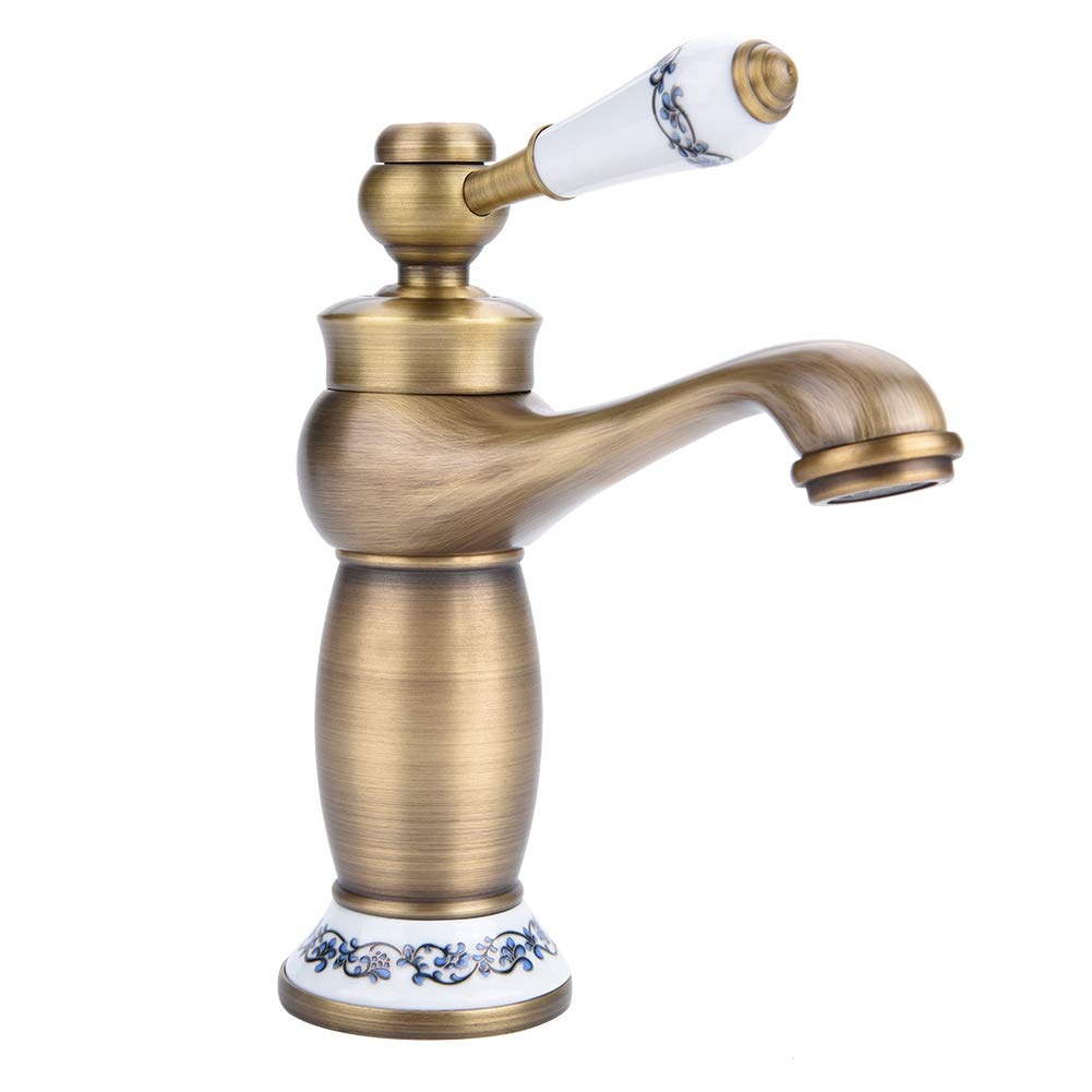 Antique Brass Single Handle Bathroom Faucet with Floral Pattern - Hot/Cold Water Mixer Tap for Basin Sink - Perfect for Valentine's Day Gifts & Vintage Style Home Decor