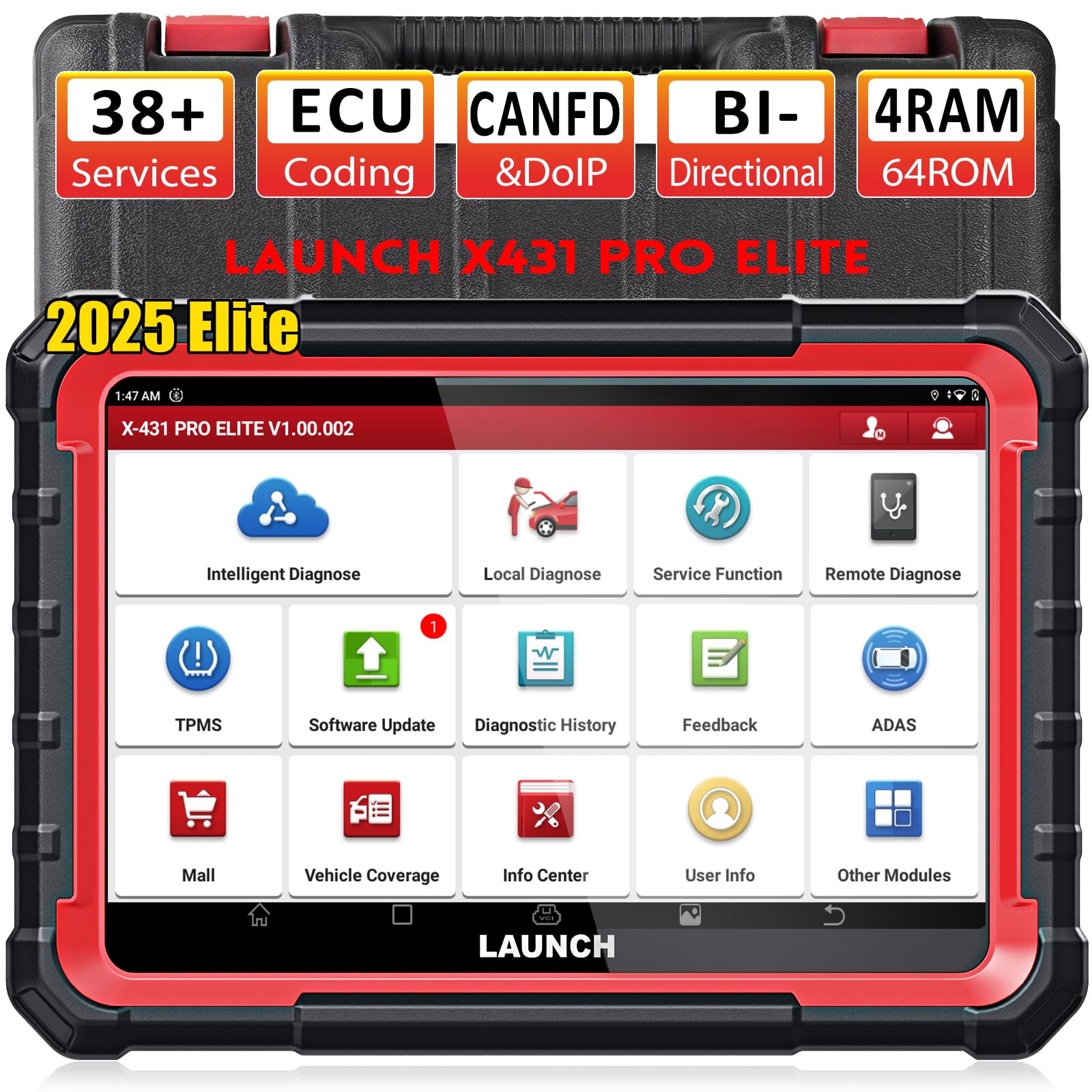 2025 LAUNCH X431 PRO Elite OBD2 Scanner - Bi-Directional Diagnostic Tool with ECU Online Coding, Full System Coverage, 37+ Reset Services, CANFD/DOIP, FCA, Key Programming (2 Years Free Updates) - Perfect for Auto Shops & DIY Car Maintenance