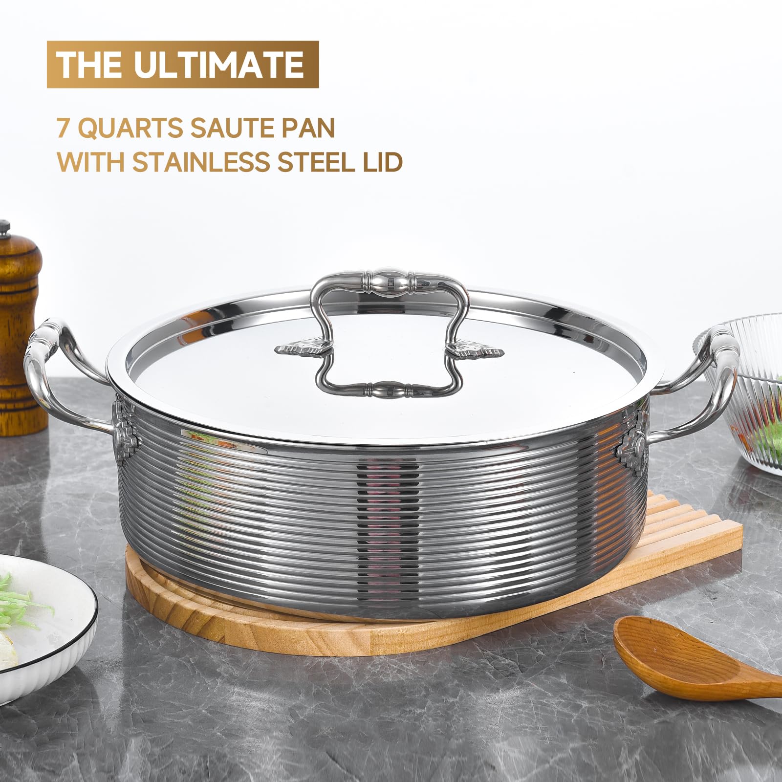 Inqibee Tri-Ply Stainless Steel 8 QT Sauté Pan with Lid - 13 Inch Induction Compatible Deep Frying Pan, Braiser, Large Skillet & Jumbo Cooker - Heavy Duty, Dishwasher & Oven Safe - Perfect for Searing, Frying & Slow Cooking