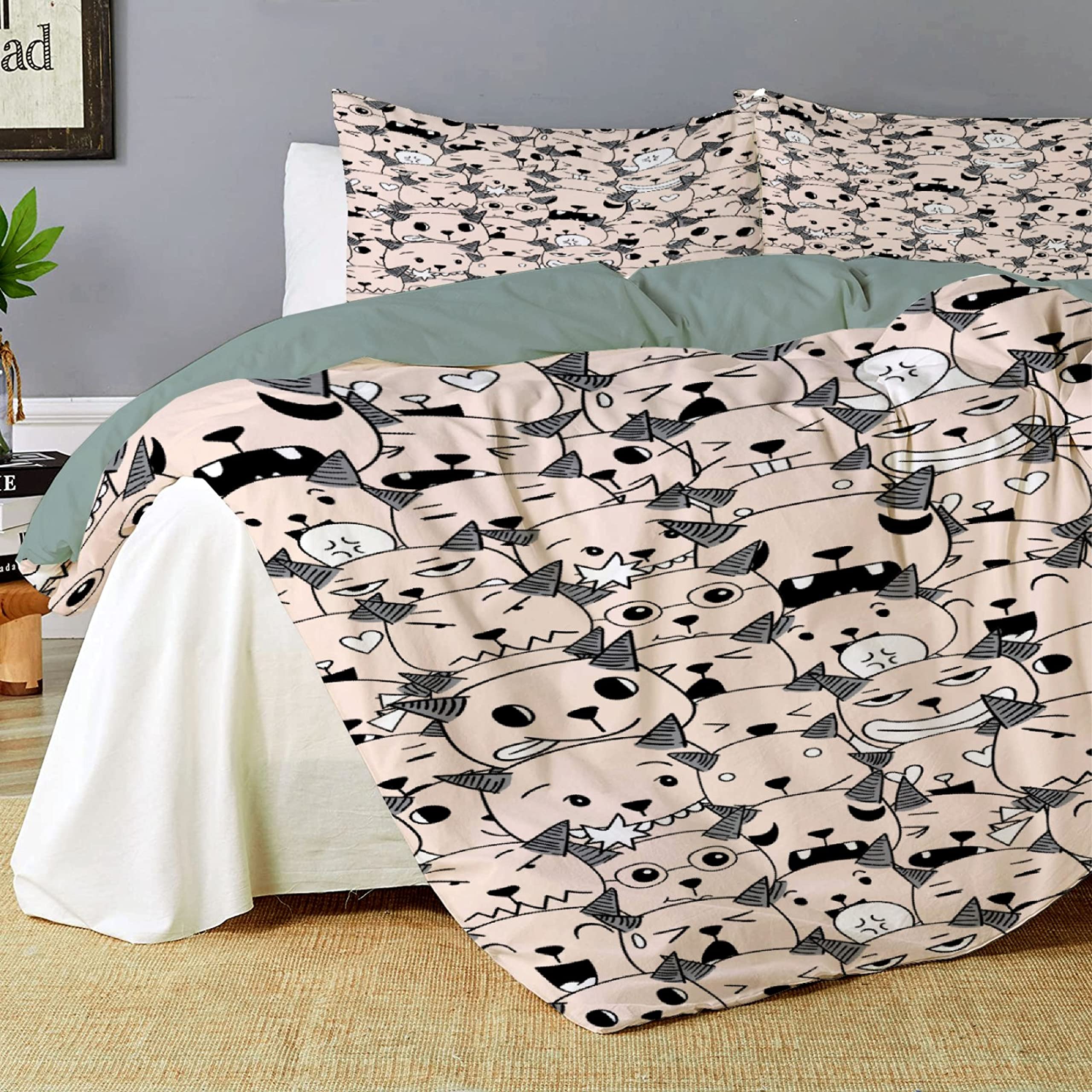 Vajrapani Cute Demon Face Bedding Set - Full Size 80x90 Inches | 3 Piece Comforter Cover with Pillow Shams | Corner Ties & Zipper Closure | Soft Microfiber Bed Set for Teens, Adults, Dorm Room & Home Decor