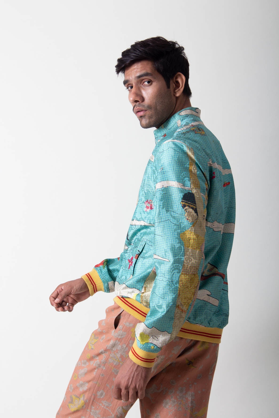 Janbaaz Turquoise Silk Bomber Jacket - Elegant Damask Pattern for Men's Fashion & Casual Wear | Perfect for Parties, Weddings & Everyday Style