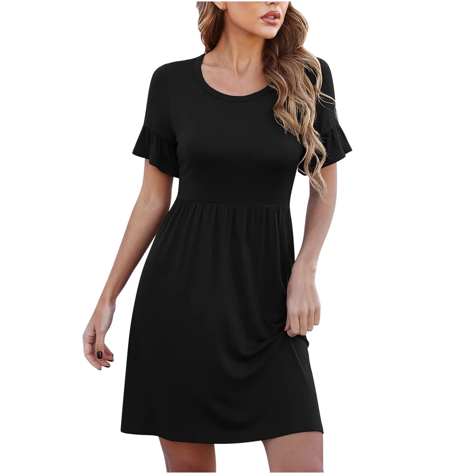 **2022 Women's Spring & Summer Fashion Dresses - Solid Color Casual Crew Neck Ruffle Short Sleeve Dress for Daily Wear, Office, and Outdoor Activities**