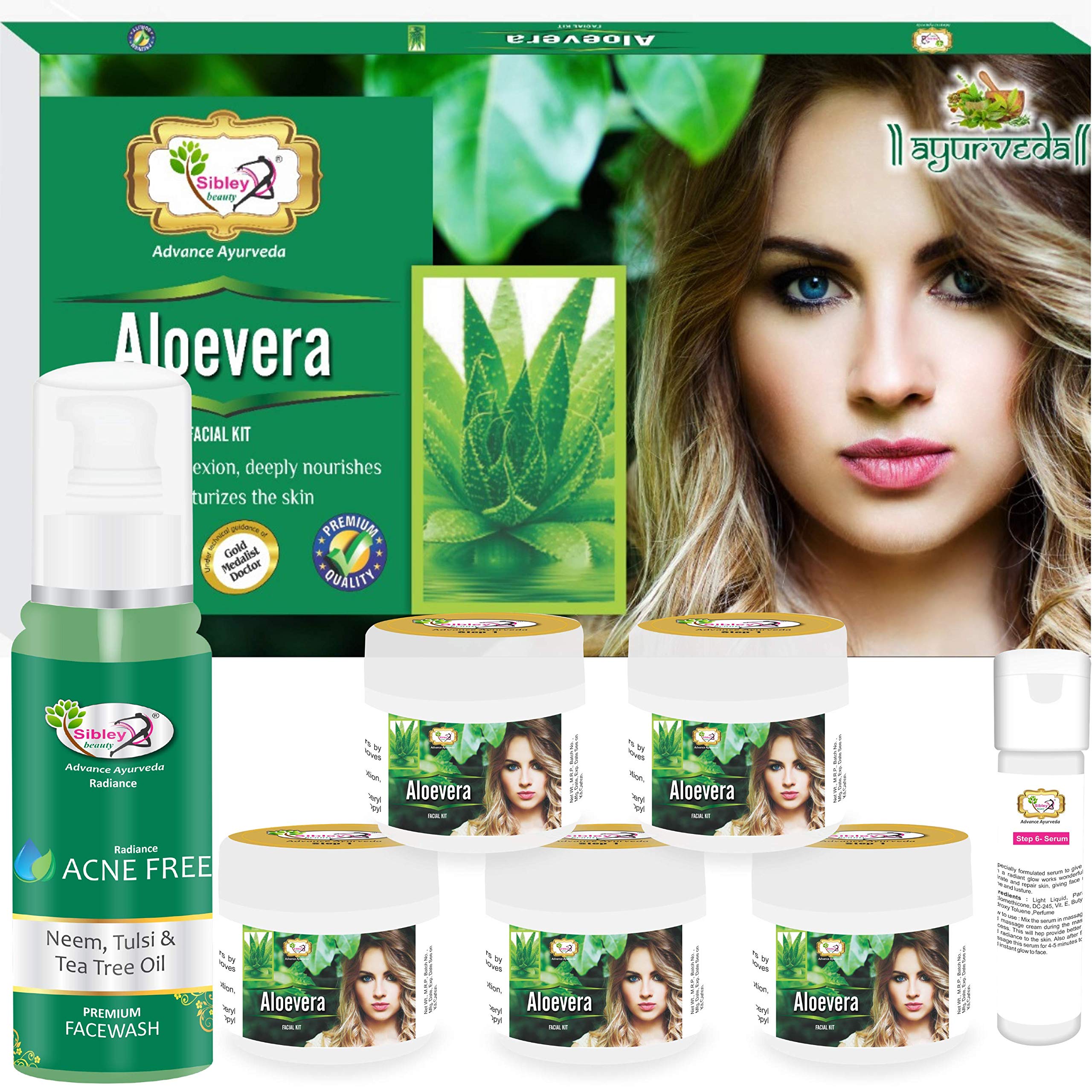 Sibley Beauty Facial Kit - Aloe Vera Facial Kit (155g + 10ml Serum) 6-Pack + Neem Tulsi Tea Tree Oil Acne Face Wash (100ml) for Men, Women, Teens - Oily, Normal & Dry Skin Care Routine - Daily Cleansing & Acne Treatment for Clear, Glowing Skin