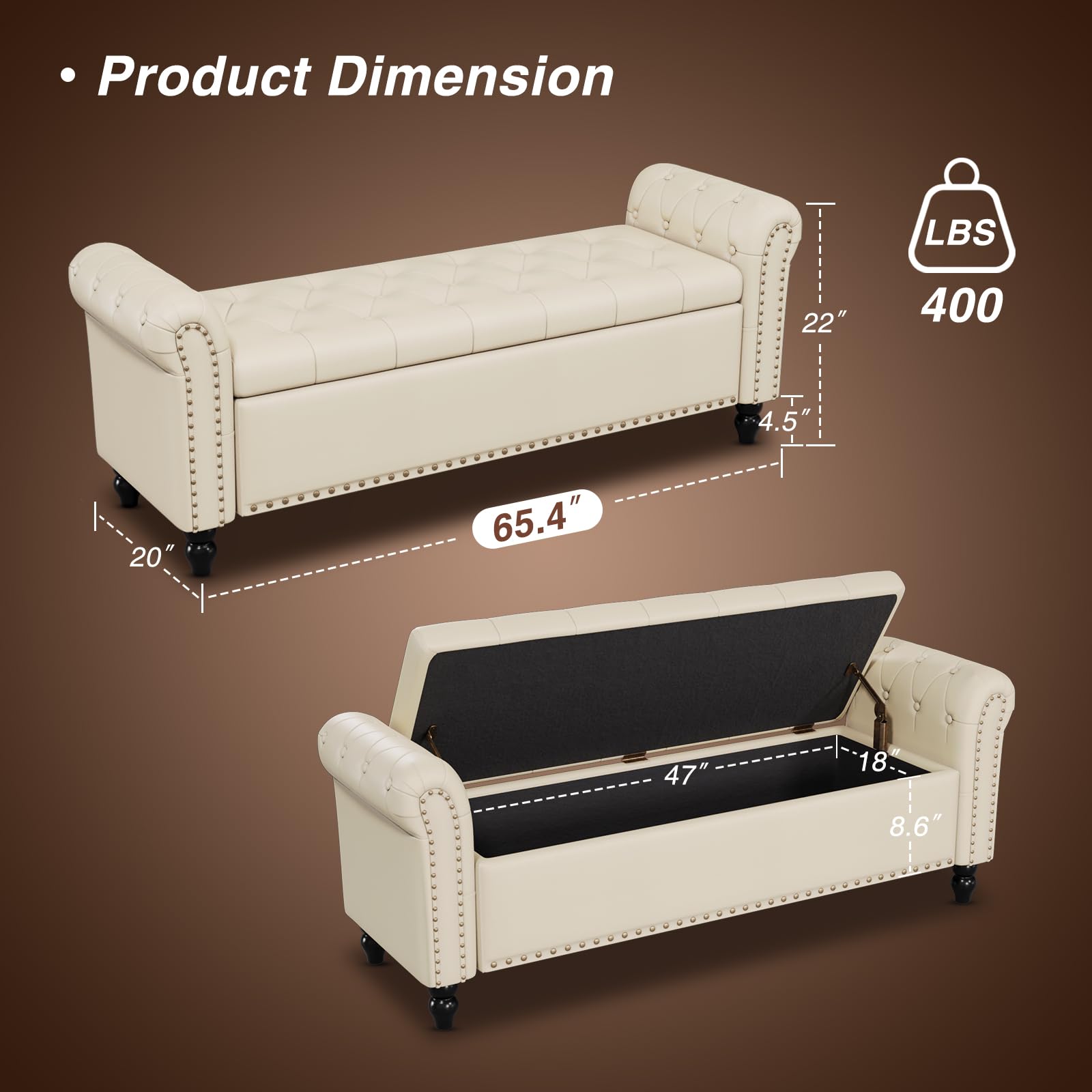 65 Inch Upholstered Storage Bench for Bedroom - Faux Leather Tufted Button End of Bed Bench with Nailhead Trim & Rolled Arms, Cream White - Perfect for Bedroom Seating, Window Seat & Extra Storage