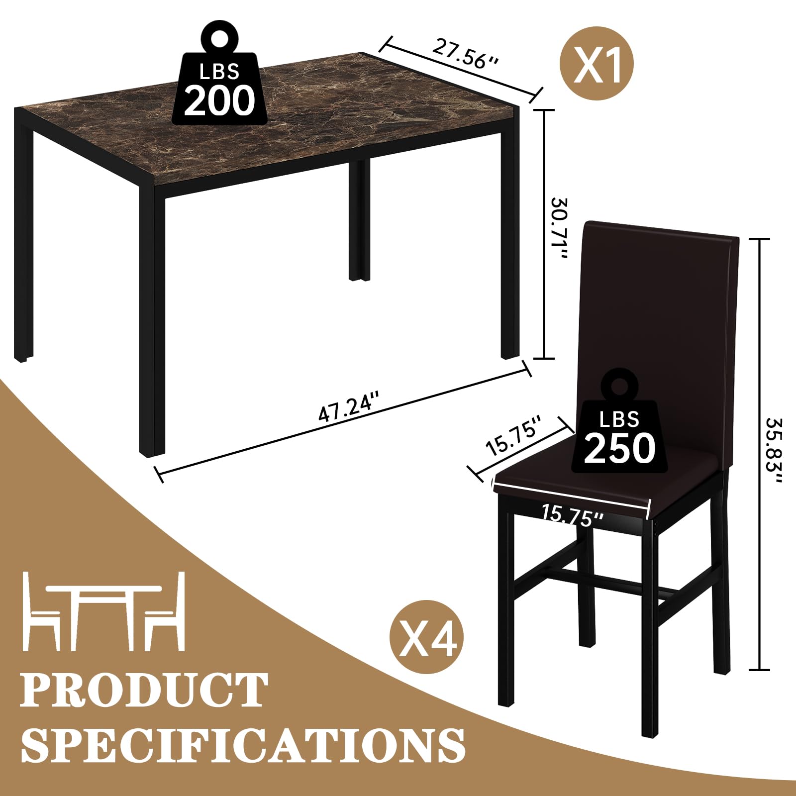 Modern 5-Piece Dining Table Set for 4 with Faux Marble Top & Leather Upholstered Chairs - Compact Brown Kitchen Table Set for Small Spaces | Perfect for Apartments, Breakfast Nooks & Cozy Family Dinners
