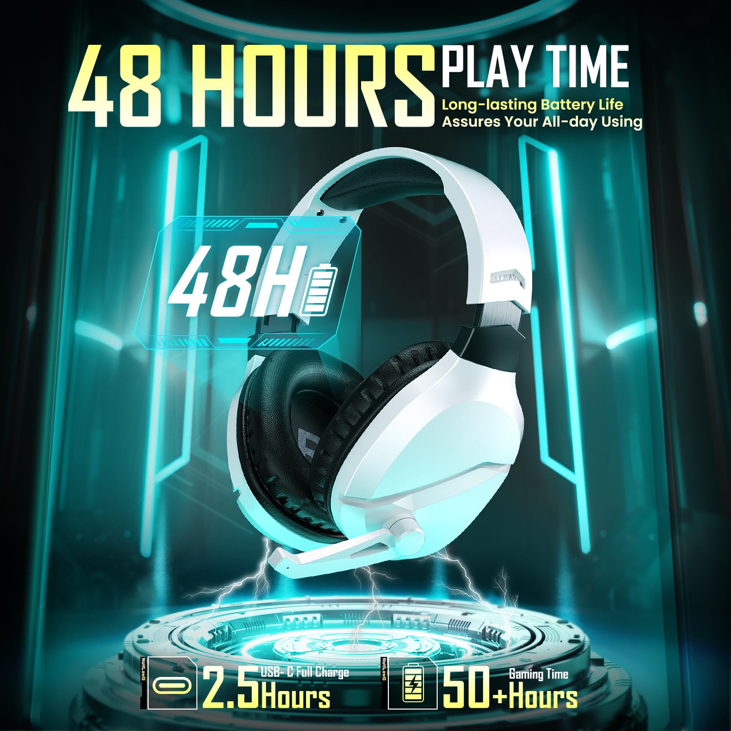 Wireless Gaming Headset with Noise Canceling Mic for PS5, PC, PS4 - 2.4G/Bluetooth Headphones with USB & Type-C - Wired Controller Mode - White - Perfect for Competitive Gaming & Online Chat
