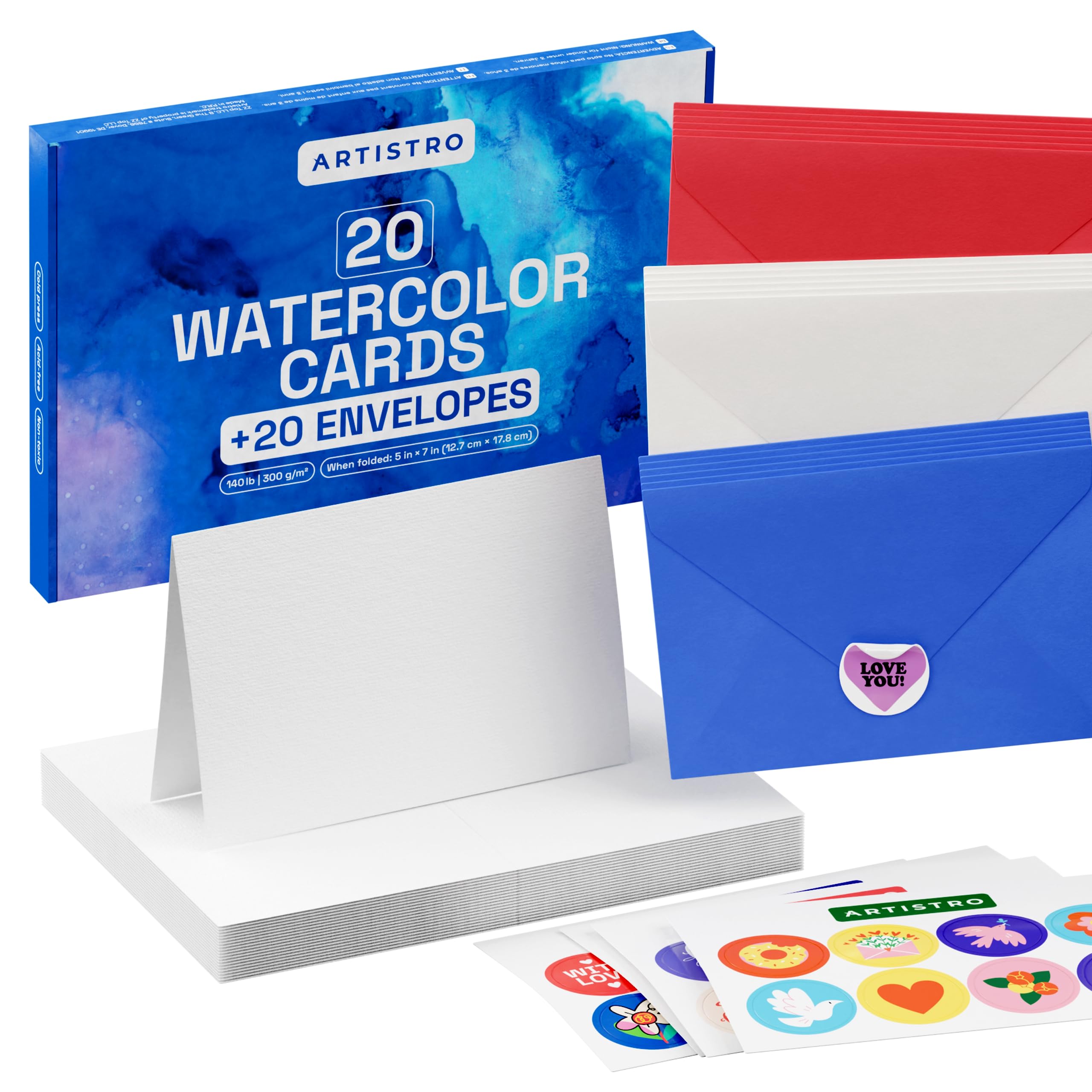 ARTISTRO 20 Watercolor Cards & Envelopes Set - 5x7 Inch Blank Greeting Cards with 140lb (300gsm) Heavyweight Paper - DIY Watercolor Postcards for Thank You Notes, Christmas, Birthday, Wedding Invitations - Perfect for Handmade Crafts & Special Occasions