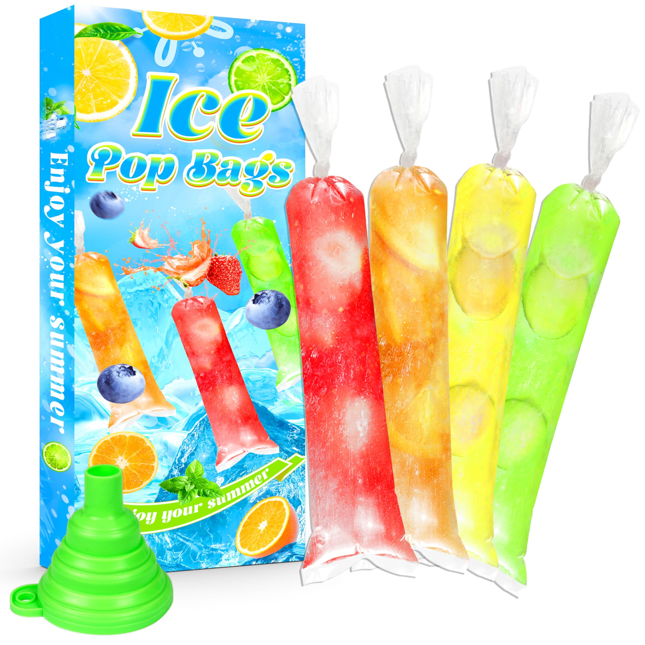 500 Packs Disposable Ice Pop Bags with Silicone Funnel - Reusable Popsicle Molds for Homemade Ice Candy, Yogurt Sticks, Juice Smoothies, Fruit Shakes & Snacks - Perfect for Summer Treats, Kids Parties & Healthy Frozen Desserts