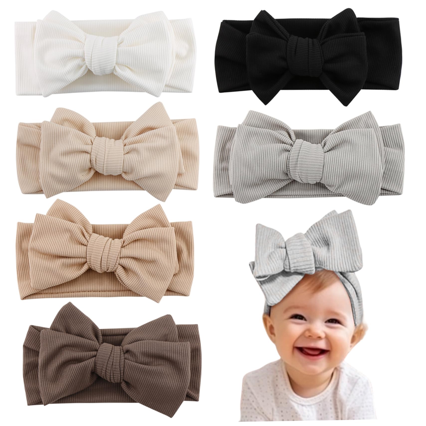 6PCS Stretchy Cotton Baby Headbands with Bows - Soft Colorful Newborn Hair Accessories for Girls (6.9x3.4 inch) | Perfect for Photoshoots, Birthday Parties & Daily Outfits