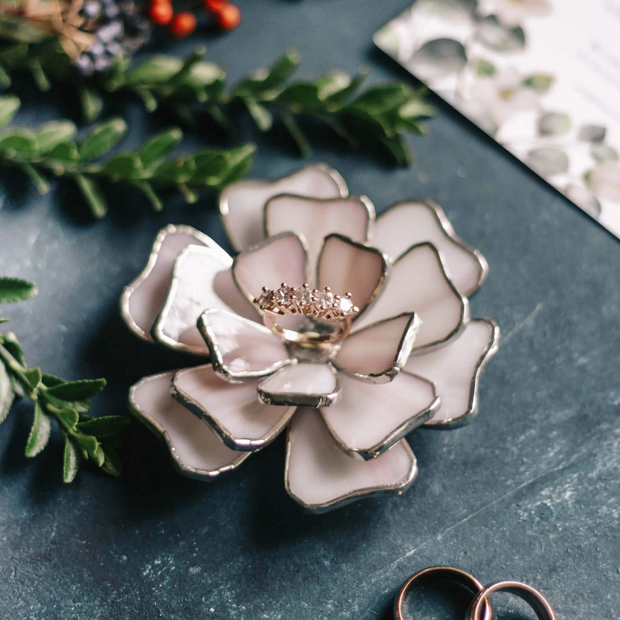 Elegant Glass Flower Ring Holder - Jewelry Organizer for Wedding, Engagement & Proposal Rings | Unique Ring Bearer Pillow Alternative | Perfect Anniversary & Valentine's Day Gift (Lilac & Off-White) | Great for Bedroom Dresser, Bathroom Counter & Bridal Shower Decor
