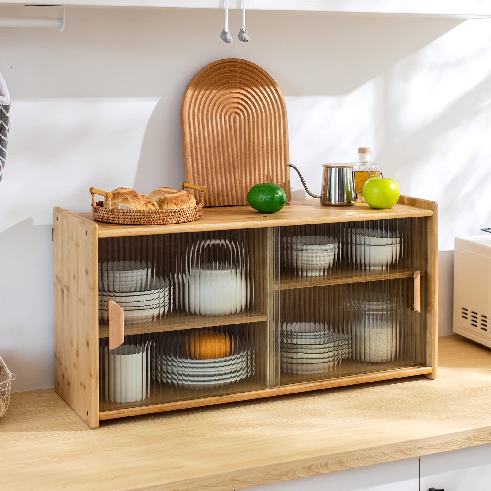 HollyHOME Small Bamboo Wall Mounted Kitchen Pantry Cabinet with 2 Doors - Coffee Bar & Wine Storage Organizer for Liquor Bottles, Glasses, Dishes - Perfect for Dining Room, Kitchen, Bar or Entryway Storage Solution