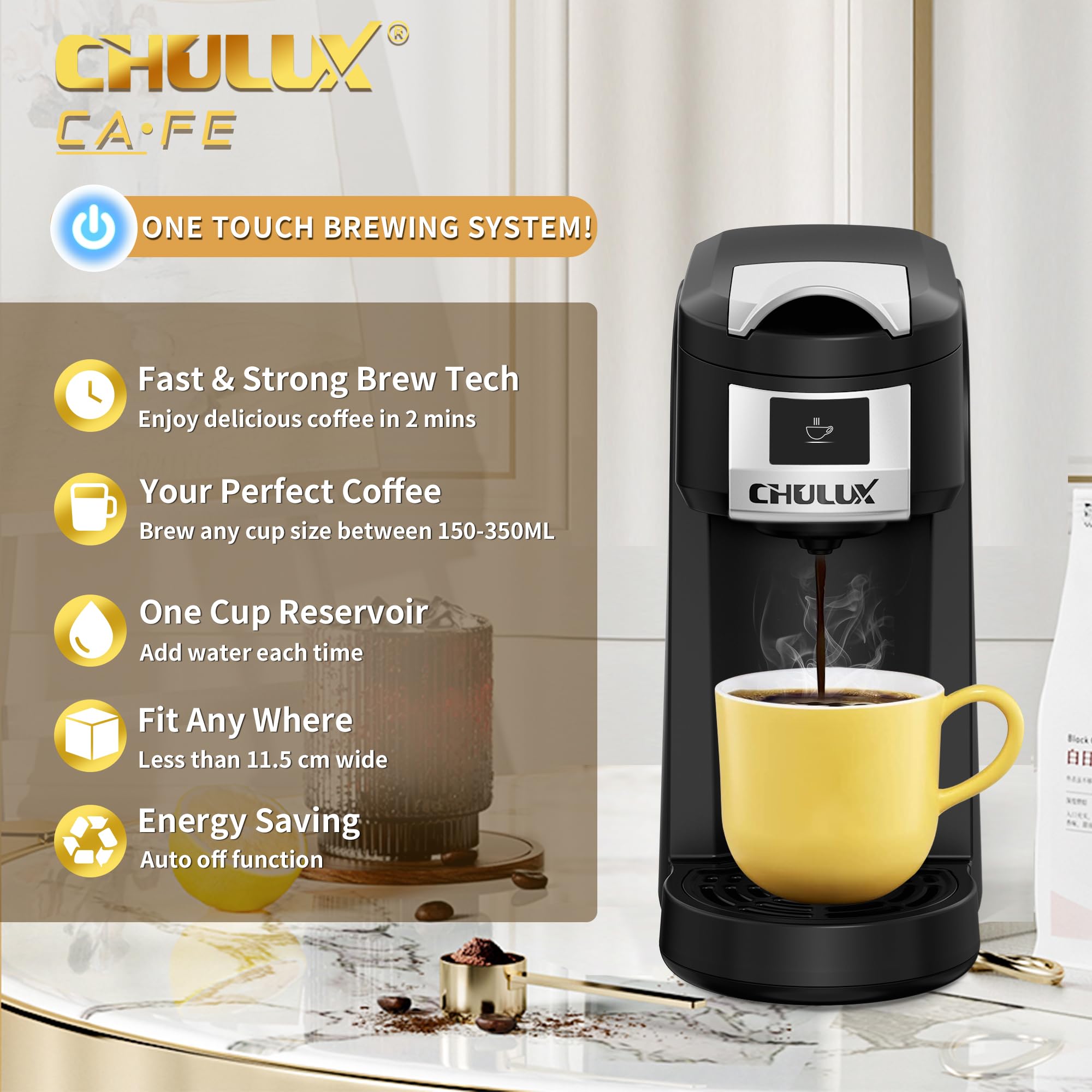 CHULUX Single Serve Coffee Maker for K-Cup & Ground Coffee - 5 to 12oz Brew Sizes, Auto Shut-Off, Fast Brewing in Minutes - Compact & Portable Coffee Machine for Home, Office, Travel, Dorm & Kitchen Use - Perfect for Morning Coffee, Office Breaks & Camping Trips