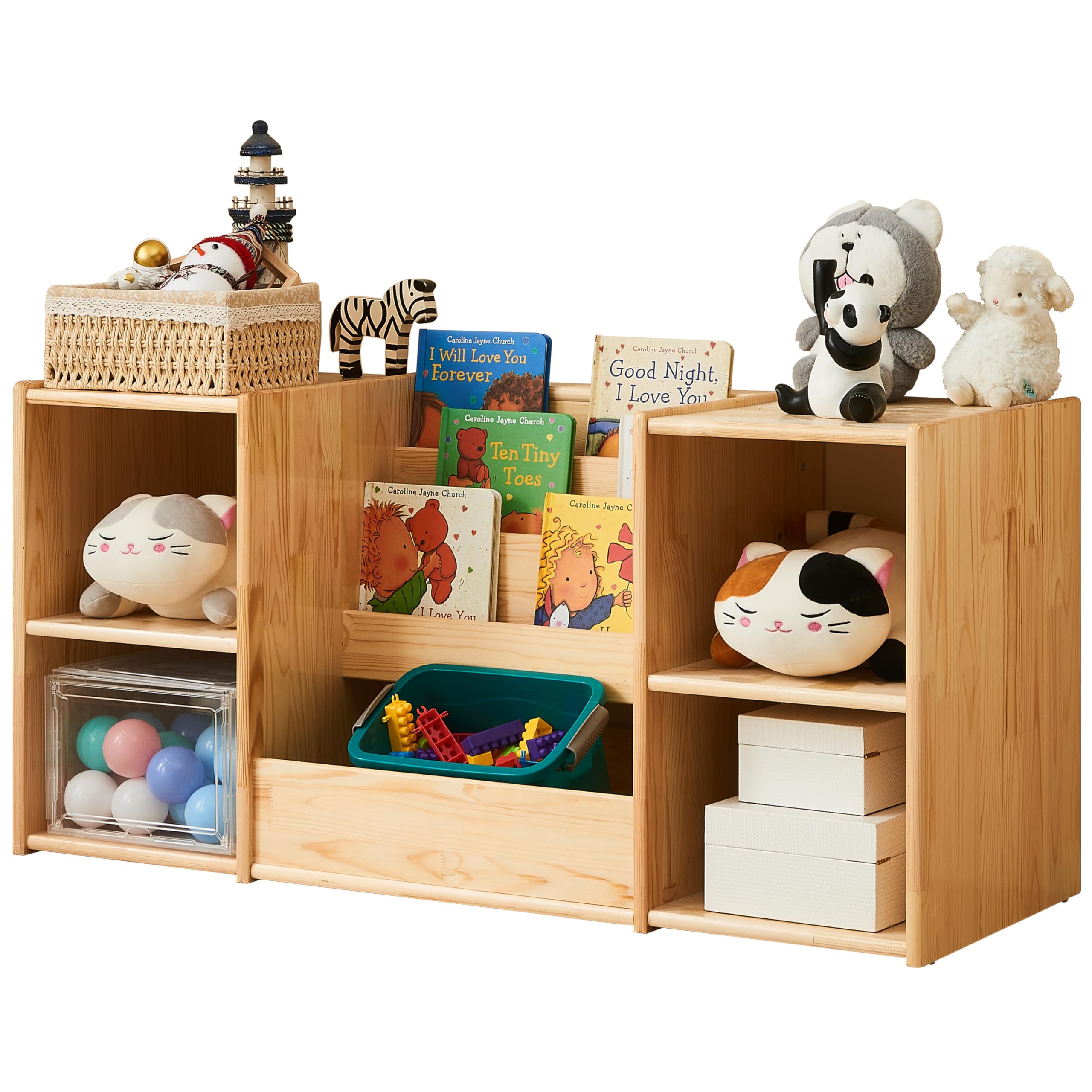 Montessori Bookshelf and Toy Storage Organizer - 3-Section Kids Bookcase with 2 Shelves, Natural Wood Toy Cabinet for Nursery & Playroom - Perfect for Organizing Children's Books, Toys, and Learning Materials