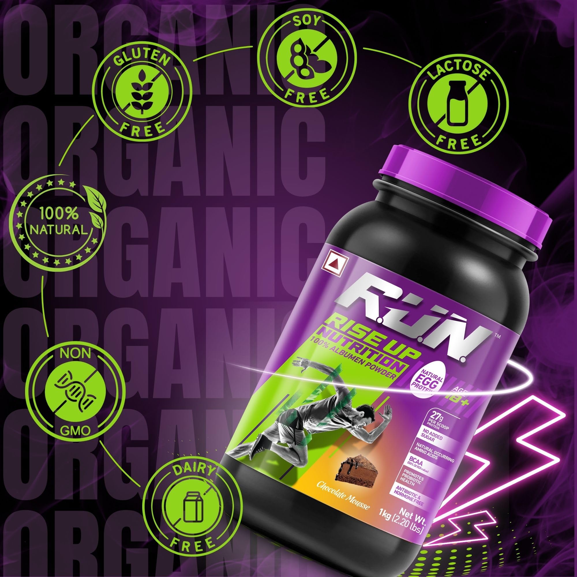R.U.N-RISE UP NUTRITION Egg White Protein Powder - 27g Protein & 14g EAA per Serving | Lactose, Soy & Gluten Free | Chocolate Mousse Flavor - 1kg for Athletes, Gym & Fitness | Supports Immunity & Muscle Recovery - Perfect for Post-Workout Shakes, Smoothies & Baking