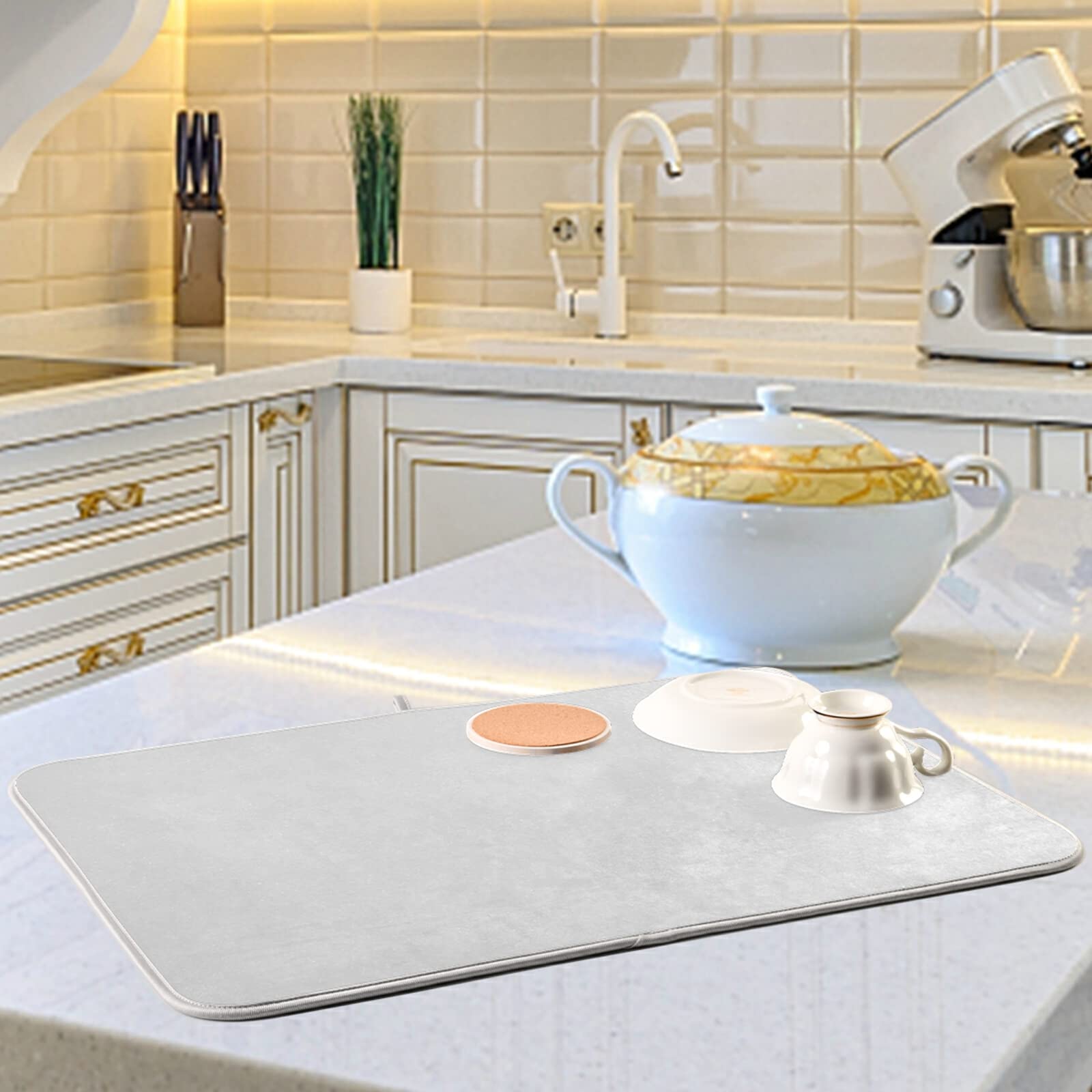 XL Grey Microfiber Dish Drying Mat - 16x18 Inch Heat Resistant Kitchen Counter Drainer Pad | Perfect for Drying Dishes, Utensils & Cookware | Stylish Kitchen Decor Accessory