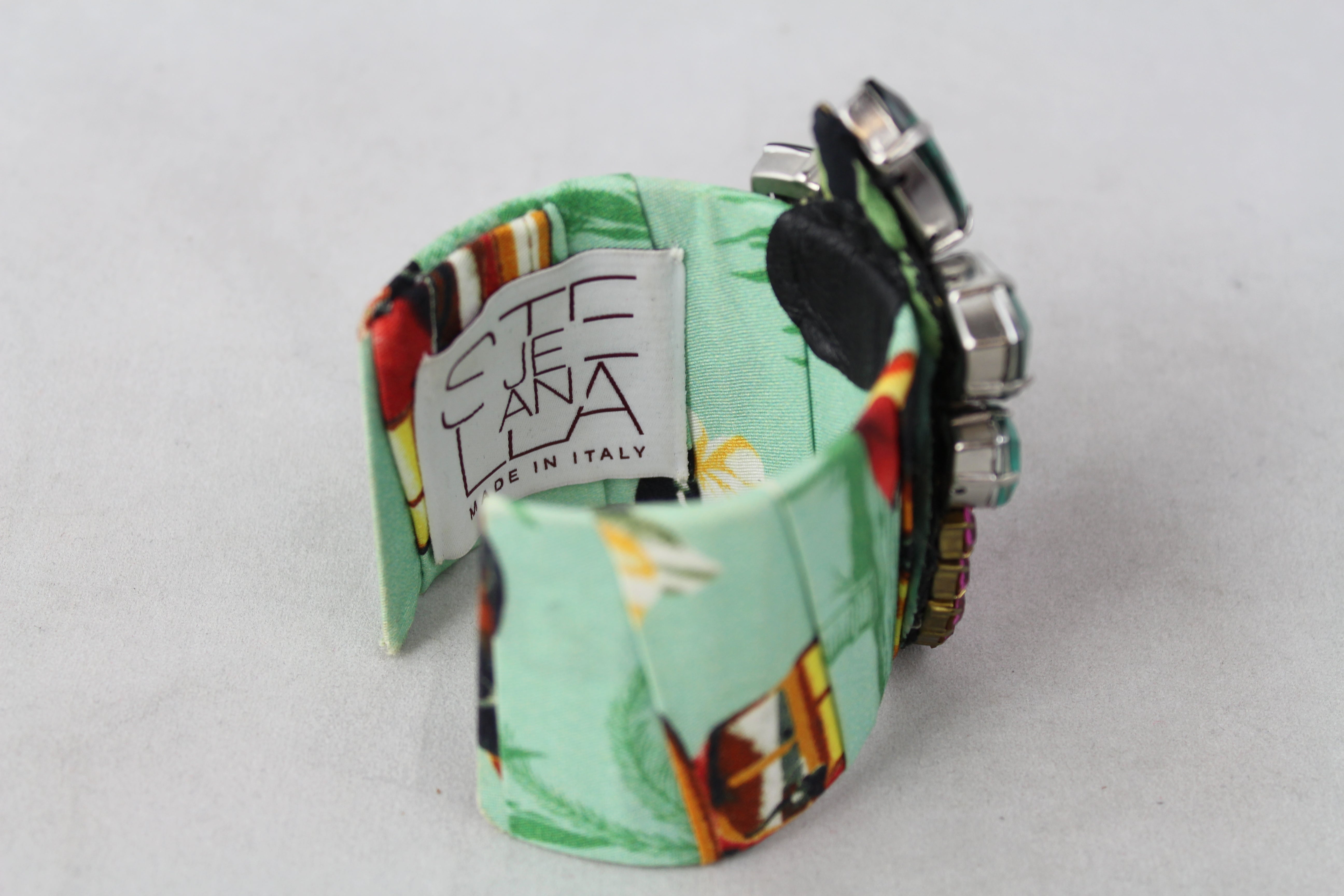 Stella Jean Green Fabric Stiff Bracelet with Stones - Elegant Jewelry for Women, Perfect for Parties, Weddings & Special Occasions