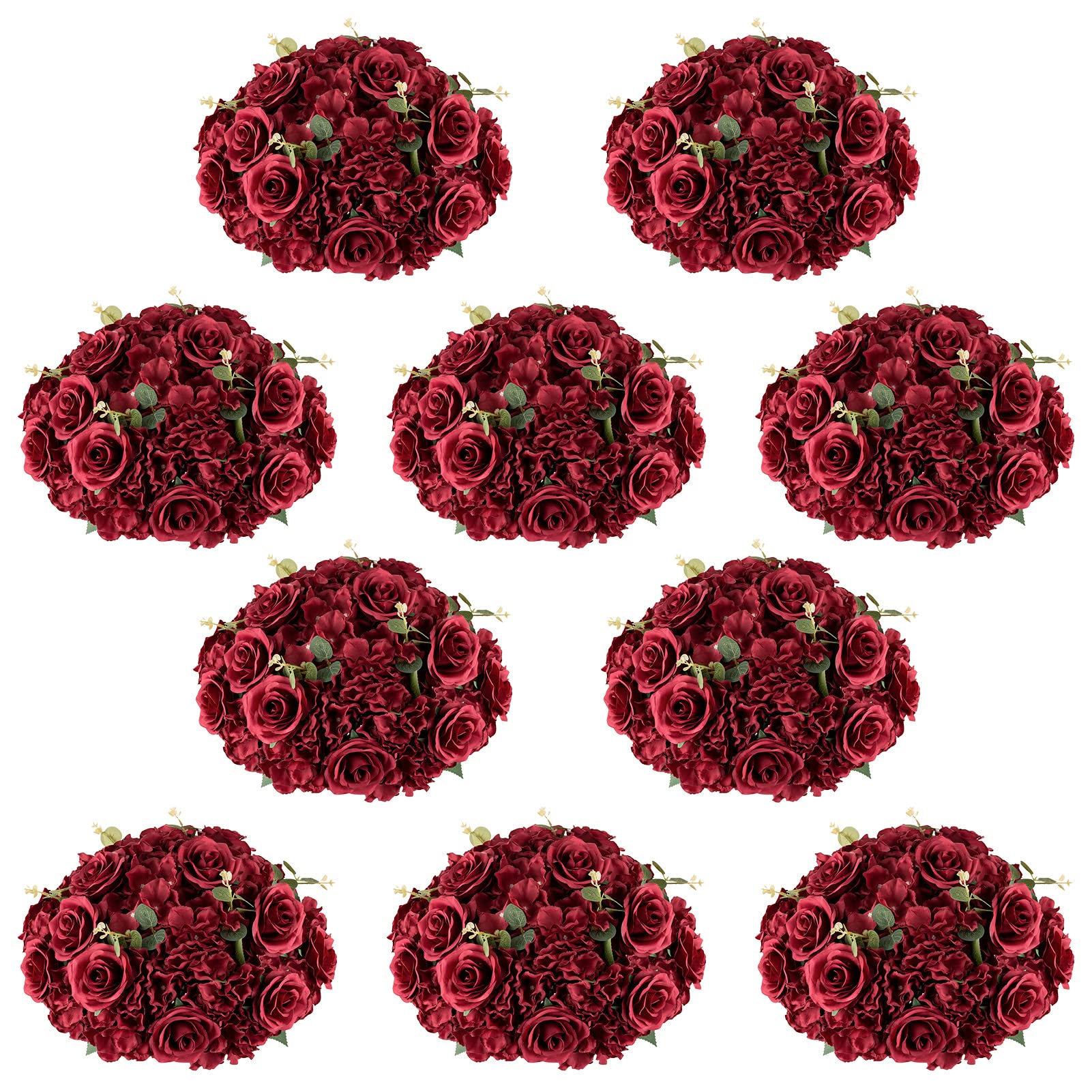NUPTIO 10-Pack Burgundy Artificial Silk Rose Flower Balls - 14.2 Inch Diameter Wedding Centerpieces for Tables, Reception, Birthday Party Decorations - Elegant Home & Event Floral Arrangements