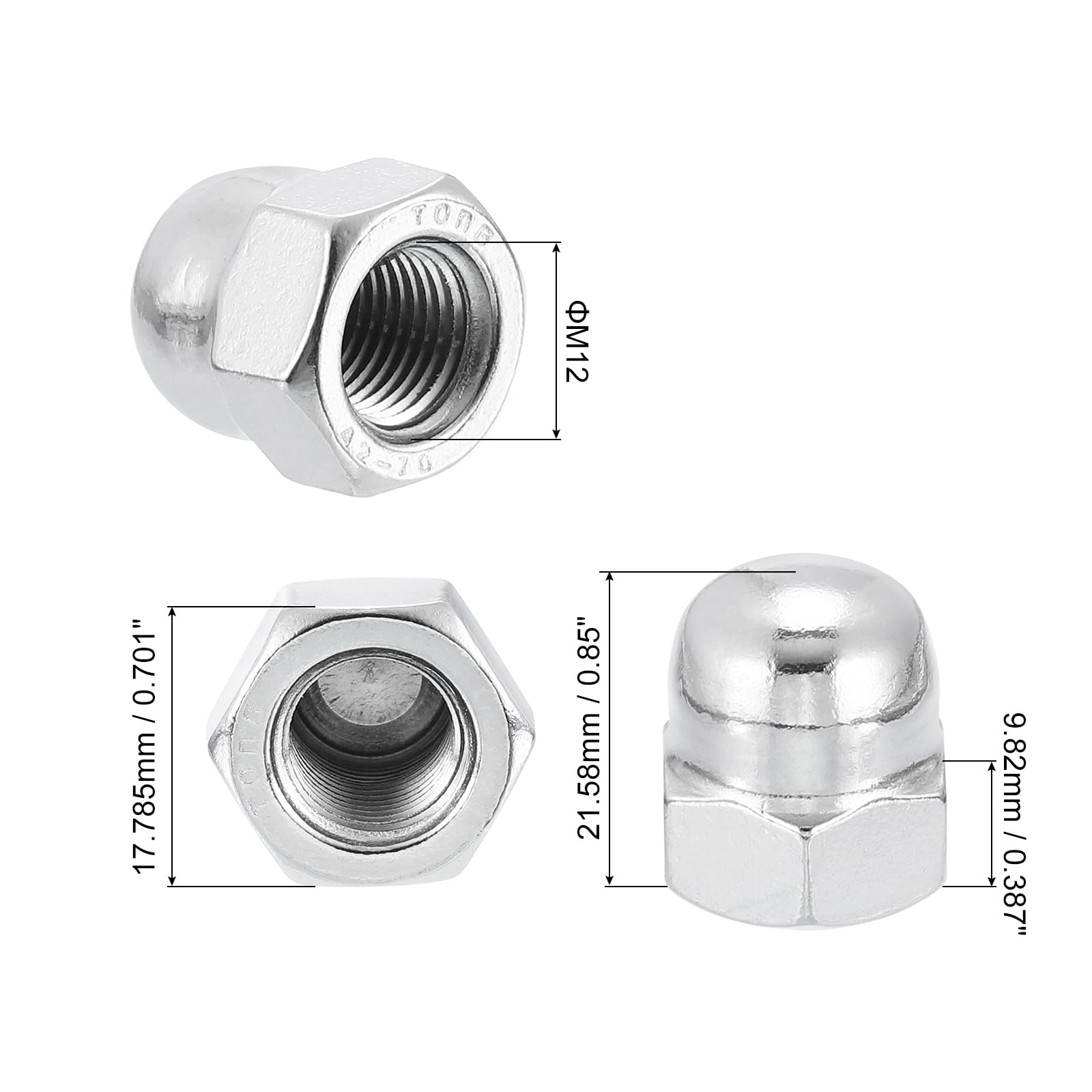 uxcell M12x1.25 Acorn Cap Nuts, 5Pcs 304 Stainless Steel Dome Cap Head Nut for Bolt Cover - Rustproof Hardware Fasteners for Automotive, Furniture & DIY Projects (Silvery Finish)