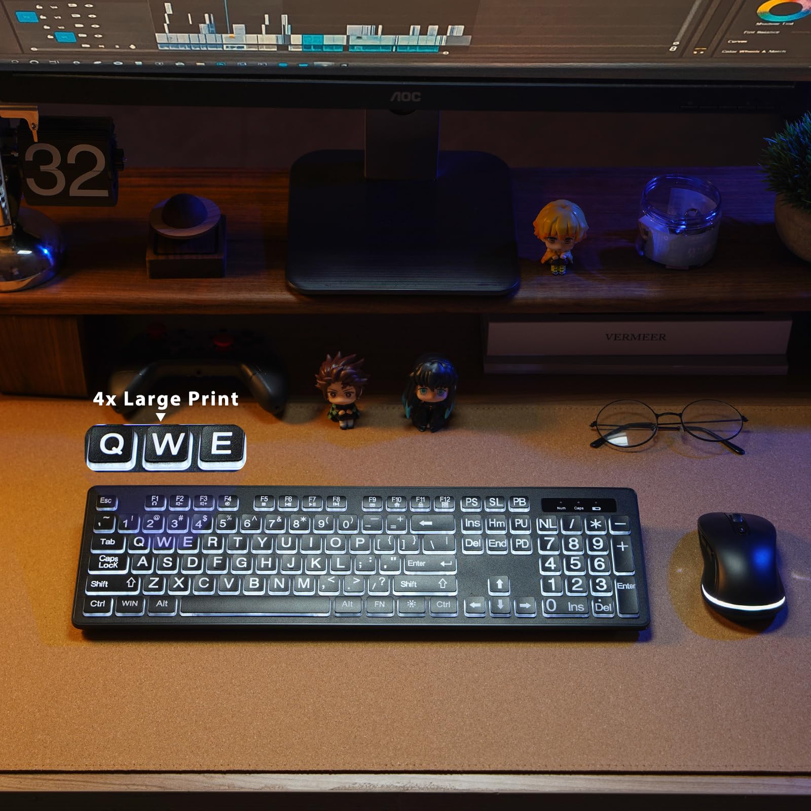 KOPJIPPOM 2.4G Wireless Keyboard and Mouse Set for Seniors - Large Print Backlit Keyboard with Big Letters, Full Size Ergonomic Design, Compatible with Windows PC/Laptop (Black) - Perfect for Elderly Users, Low Vision Typing & Nighttime Computer Work