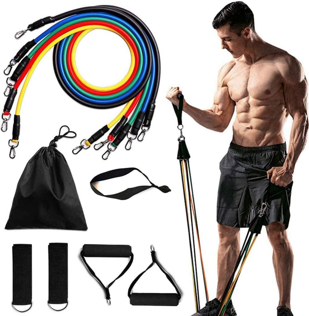 Premium 11-Piece Resistance Bands Set with 5 Stackable Exercise Bands, Door Anchors, 2 Foam Grips & Carrying Pouch - Perfect for Home Workouts, Gym Training, Yoga & Physical Therapy