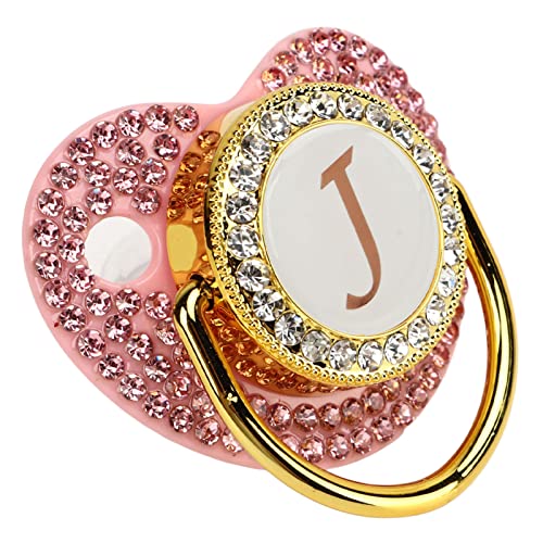 Golden Baby Pacifier with 26 Letters - Personalized Pacifier Clip Set with Rhinestones | Curved Design Silicone Soother for Newborns | Ideal for Milk Powder Feeding & On-the-Go Use (Letter J)