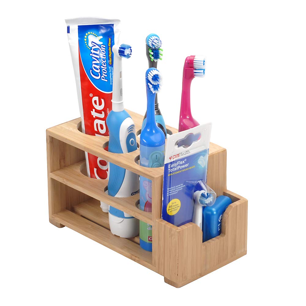 5-Slot Bamboo Toothbrush & Toothpaste Holder with Floss Storage - Fits Electric Toothbrushes - Bathroom Vanity Organizer for Countertop & Travel Use