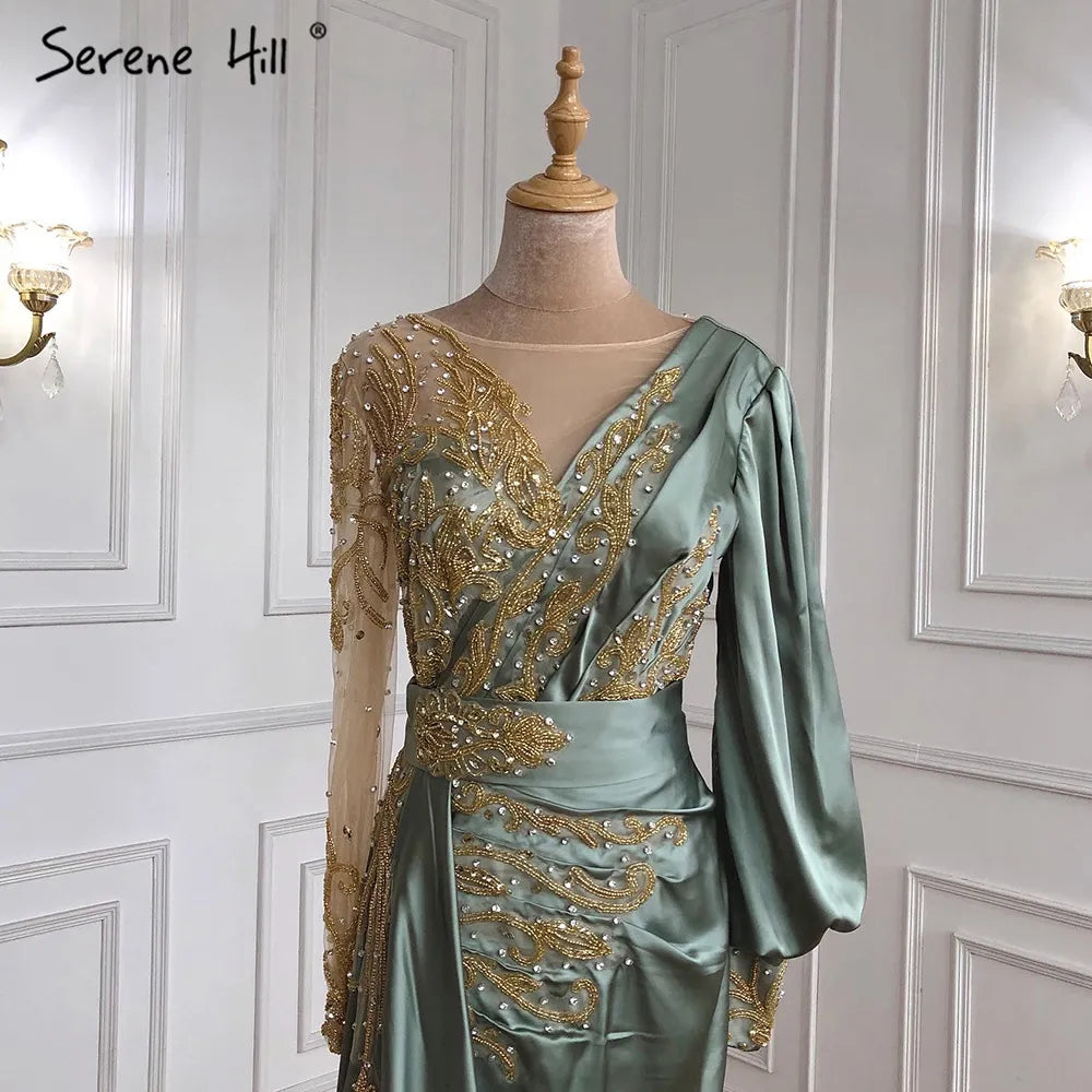 Elegant Beaded Satin Overskirt Evening Dress Gown for Women - Plus Size Muslim Mint Mermaid Style Party Wear (LA71278) | Perfect for Weddings, Prom, and Formal Events