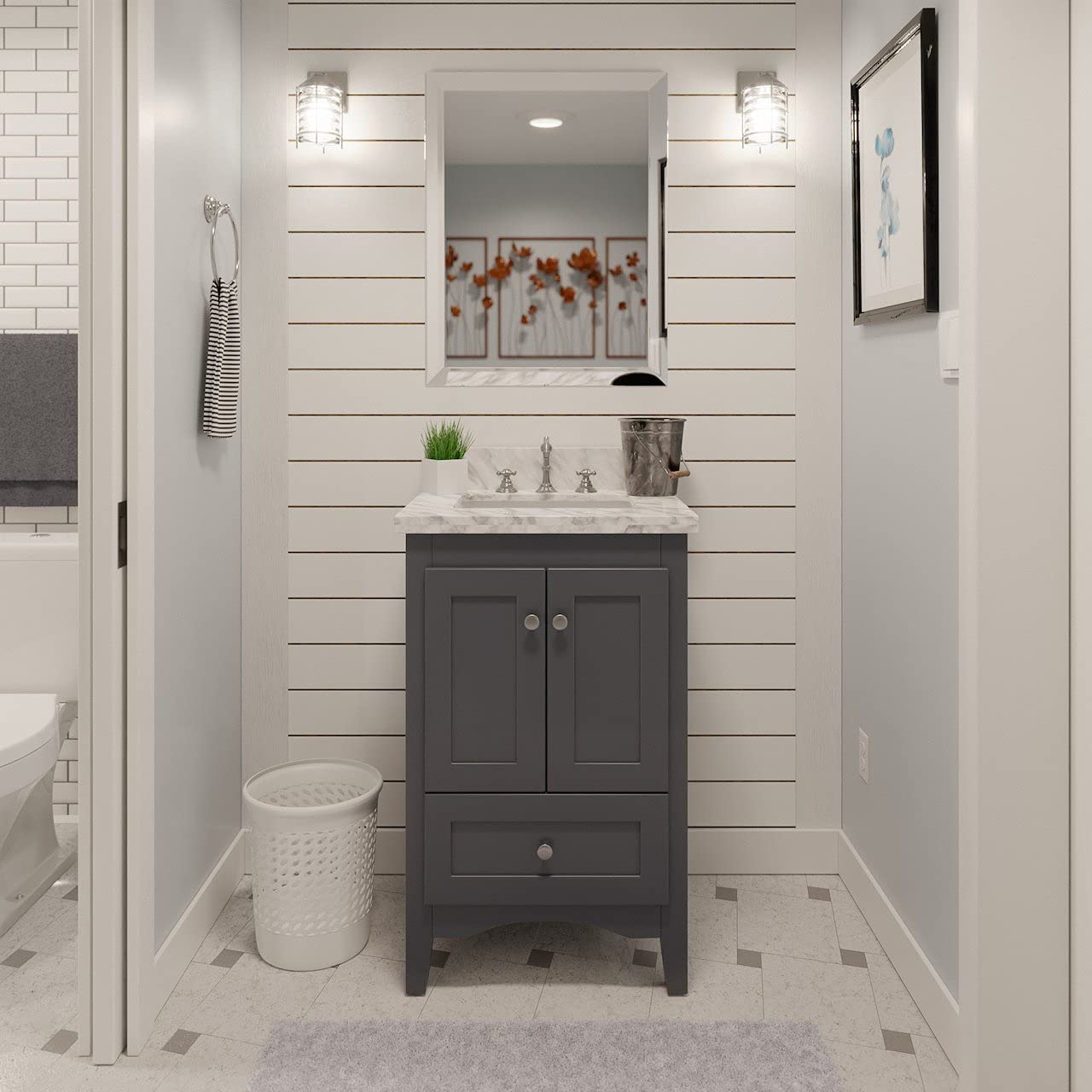 24-Inch Bathroom Vanity with Carrara Marble Top – Marine Gray Cabinet & White Ceramic Sink | Modern Bathroom Storage Solution for Small Spaces | Perfect for Apartments, Guest Bathrooms & Powder Rooms