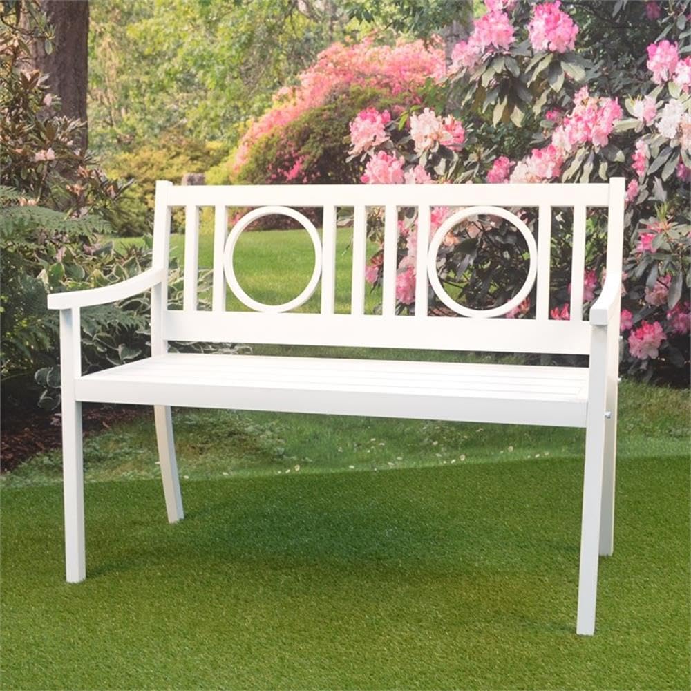 Gramercy White Outdoor Metal Bench – Durable Garden Patio Furniture for Backyard, Park, and Poolside Relaxation