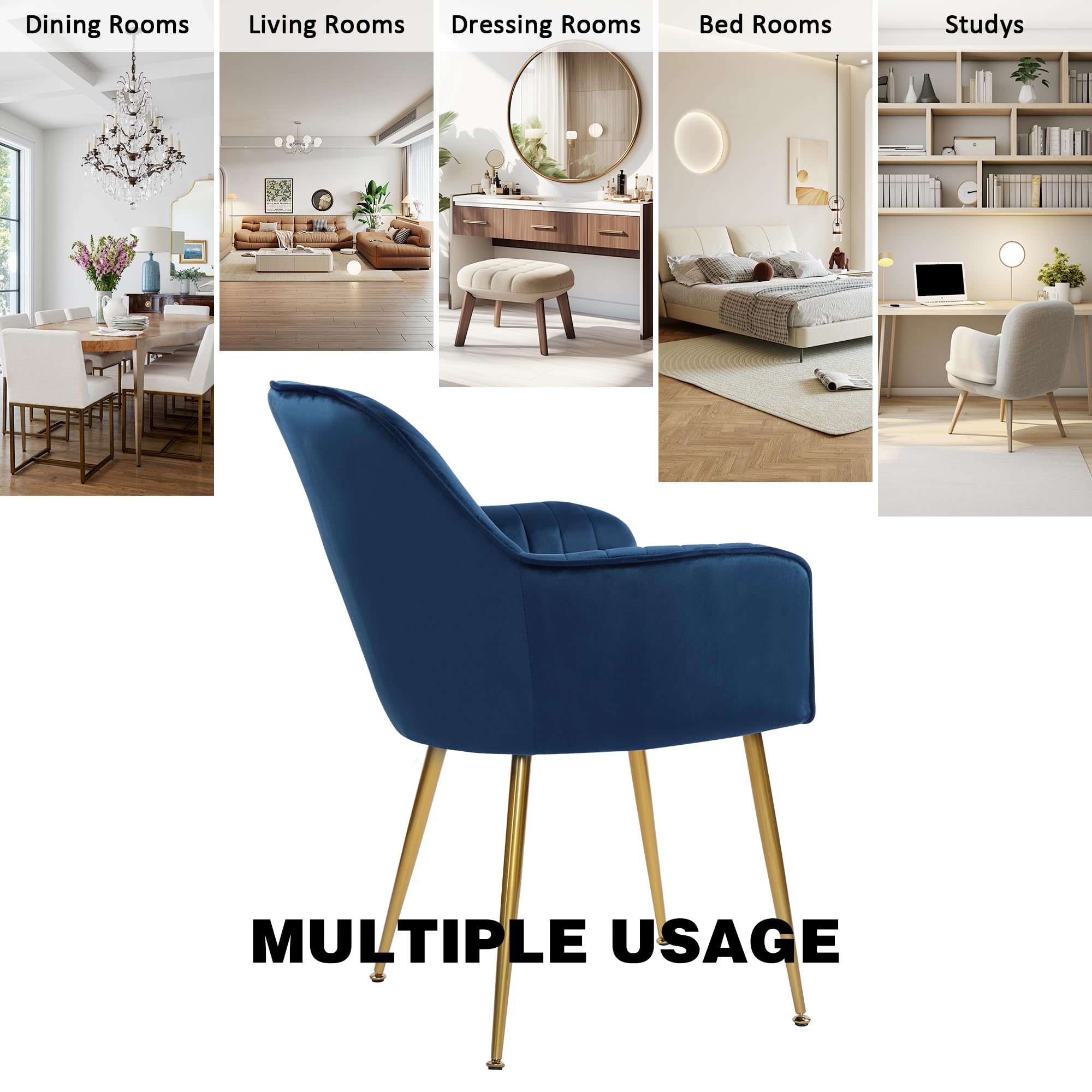 Set of 2 Velvet Upholstered Dining Chairs with Gold Metal Legs - Luxurious Accent Chairs for Living Room, Bedroom or Dining Area (Blue) - Perfect for Home Decor, Entertaining Guests & Cozy Seating