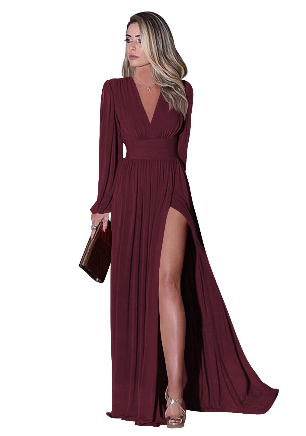Elegant Long Sleeve V-Neck Prom Dress with Thigh Slit & Pocket - Formal Evening Gown for Women (US Size 26W, Emerald Green) | Perfect for Weddings, Galas, Homecoming & Special Occasions