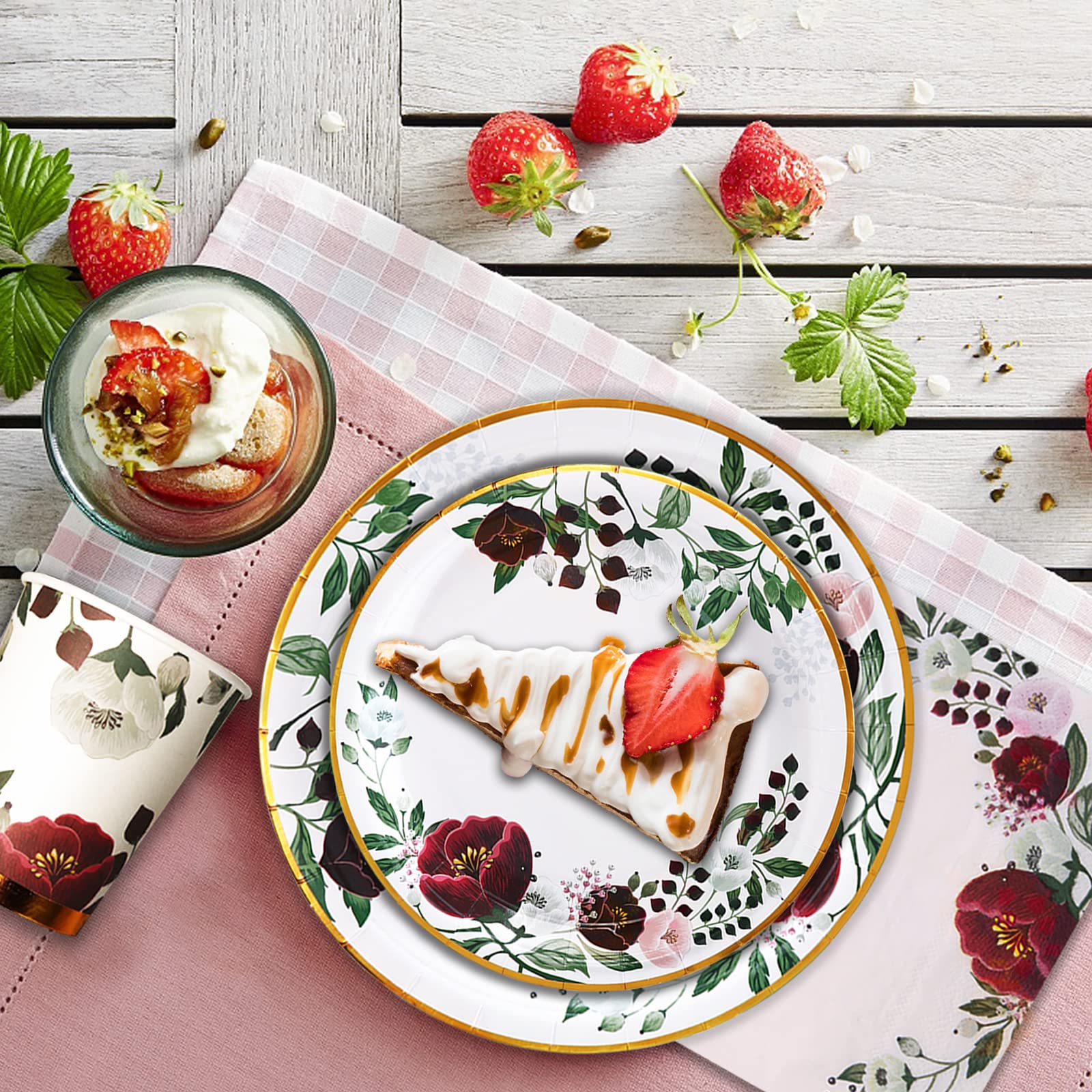 200Pcs Burgundy Floral Paper Plates & Napkins Set - Elegant Wedding, Bridal Shower & Party Supplies for 50 Guests - Perfect for Birthday, Valentine's Day, Easter & Spring Celebrations - Ideal for Indoor/Outdoor Events, Baby Showers & Anniversary Parties