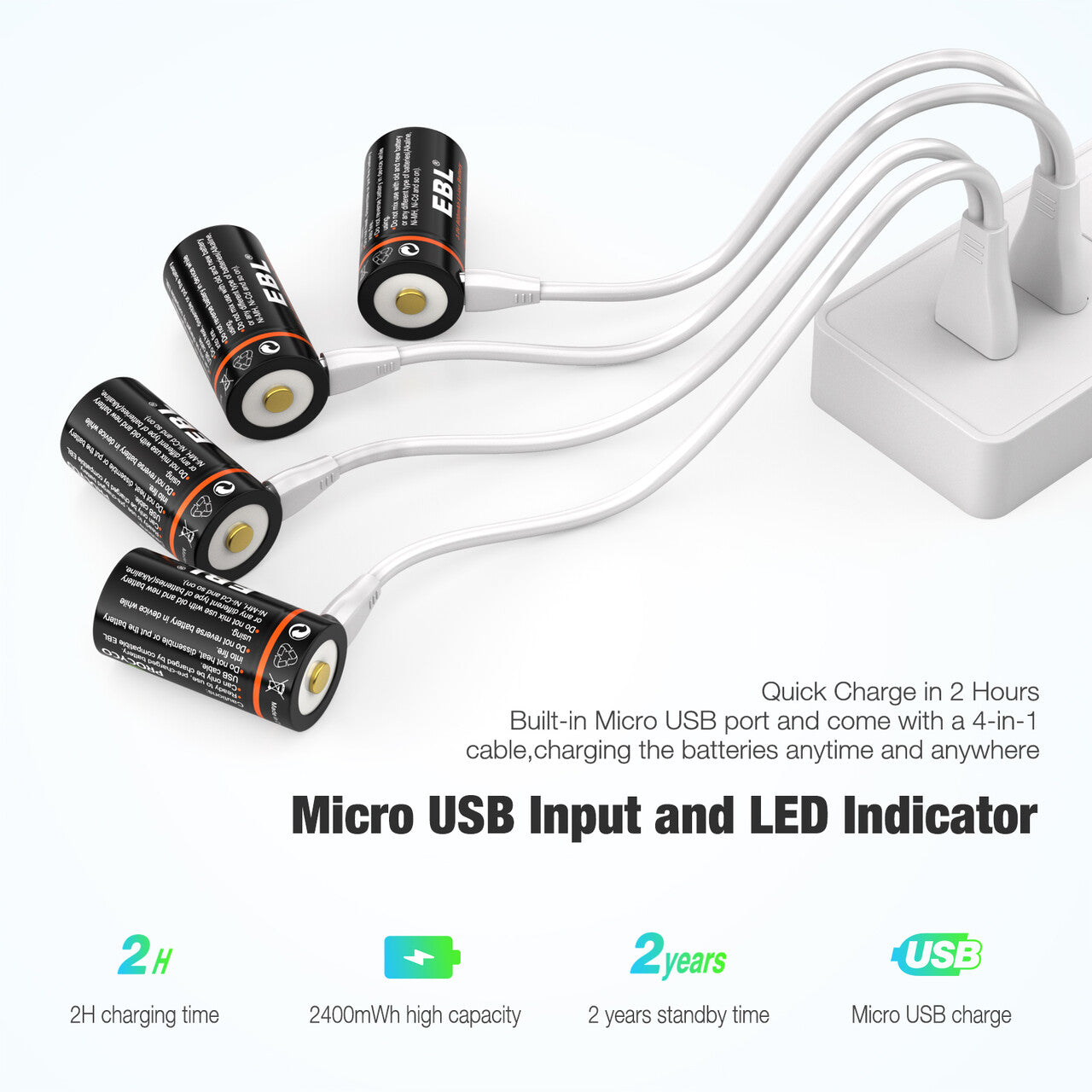 EBL 4 Pack CR123A 3V Lithium Battery 2400mWh High Capacity - Includes Micro USB Charging Cable - Perfect for Digital Cameras, Flashlights & Security Devices