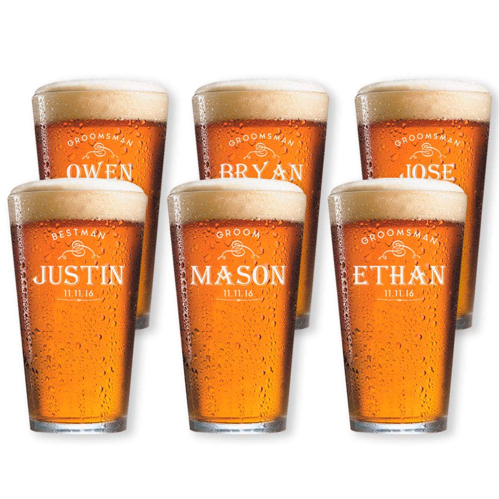 Personalized Pint Beer Glasses for Wedding - Set of 6 Engraved Tall Groomsmen Glass Gift with 9 Premium Design Options | Perfect for Bachelor Parties, Anniversary Gifts & Man Cave Decor