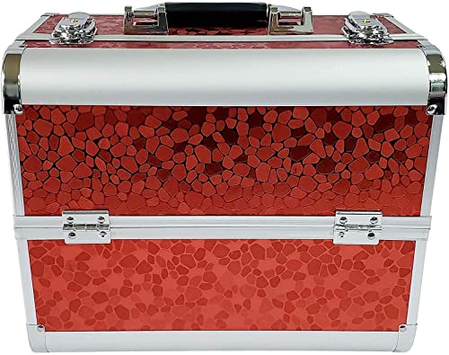 Professional Makeup Train Case with Lock & Keys - Large Cosmetic Organizer for Makeup, Jewelry & Beauty Tools - Perfect for Travel, Salon & Home Vanity (Red Pattern)