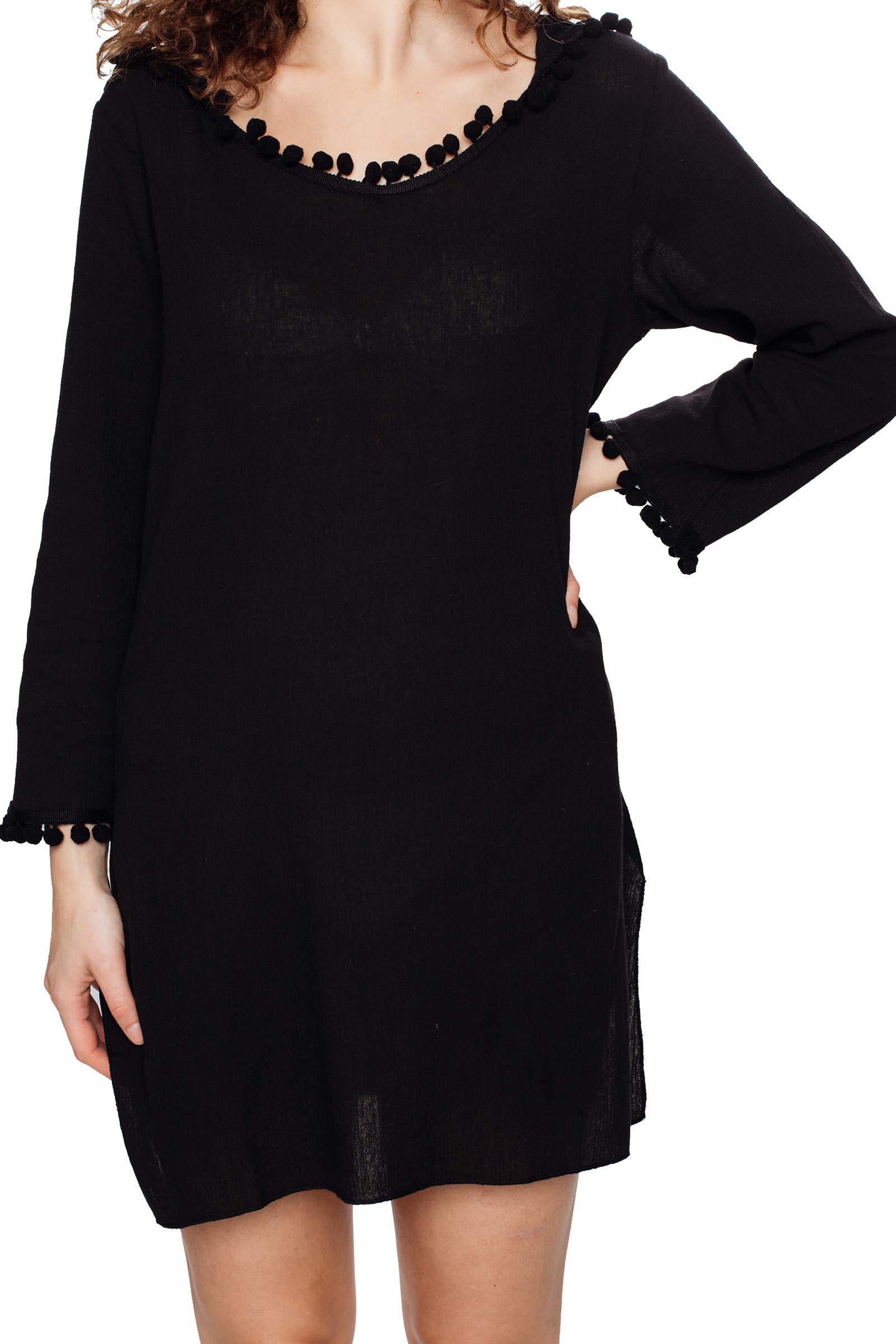 J & Ce Women's Long Sleeve Hooded Cotton Beach Cover-Up - Lightweight Swimwear Cover Dress for Summer Vacation, Pool Party & Beach Outing (Black, Large)