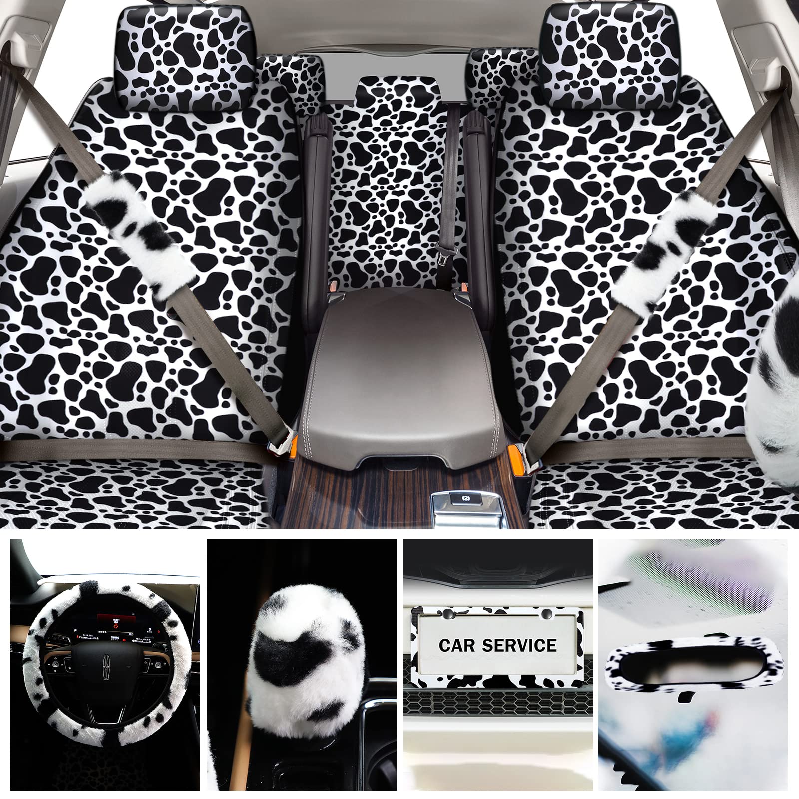 26PCS Cow Print Car Seat Covers Set - Soft Fluffy Steering Wheel Cover & Accessories for Women's Car Interior - Perfect for Winter & Christmas Gifts