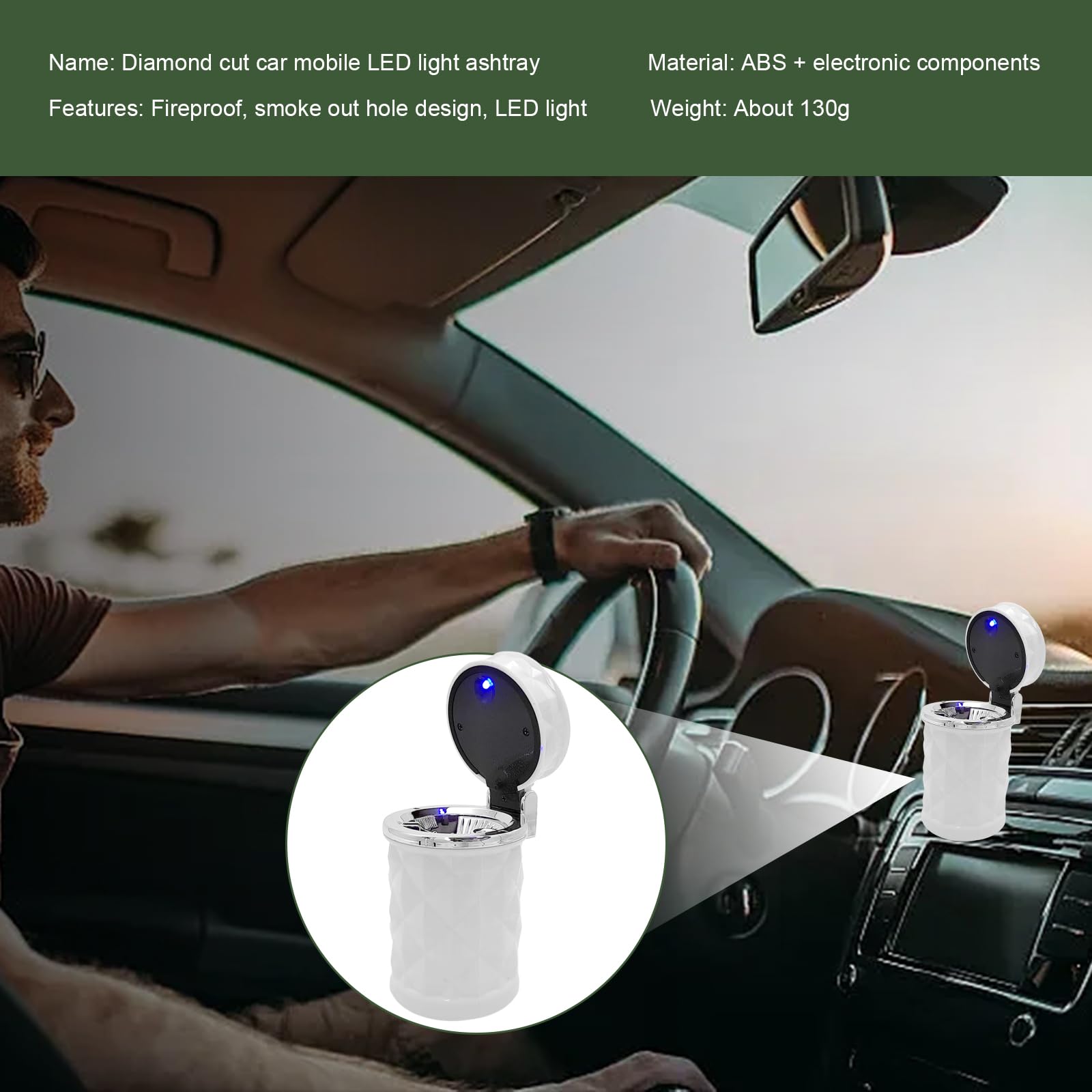 Portable Car Ashtray with Lid - Smokeless Stainless Steel Ash Tray with Blue LED Light | Mini Car Trash Can & Cup Holder Organizer | Universal Vehicle Interior Accessories for Travel, Camping & Road Trips (White)