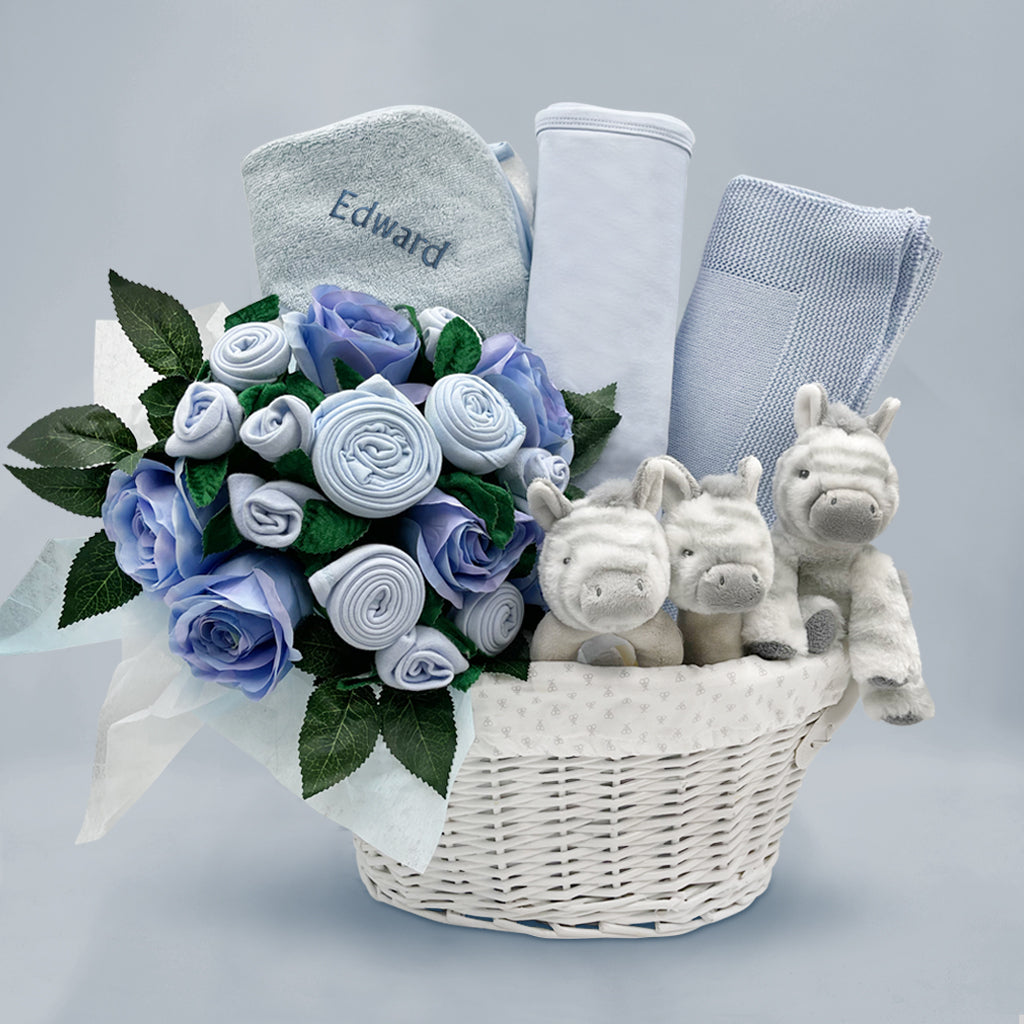 Personalized Three Little Zebras Luxury Baby Gift Basket - Blue | Newborn Baby Shower Gift, Christening Present, Welcome Home Gift for Baby Boy or Girl