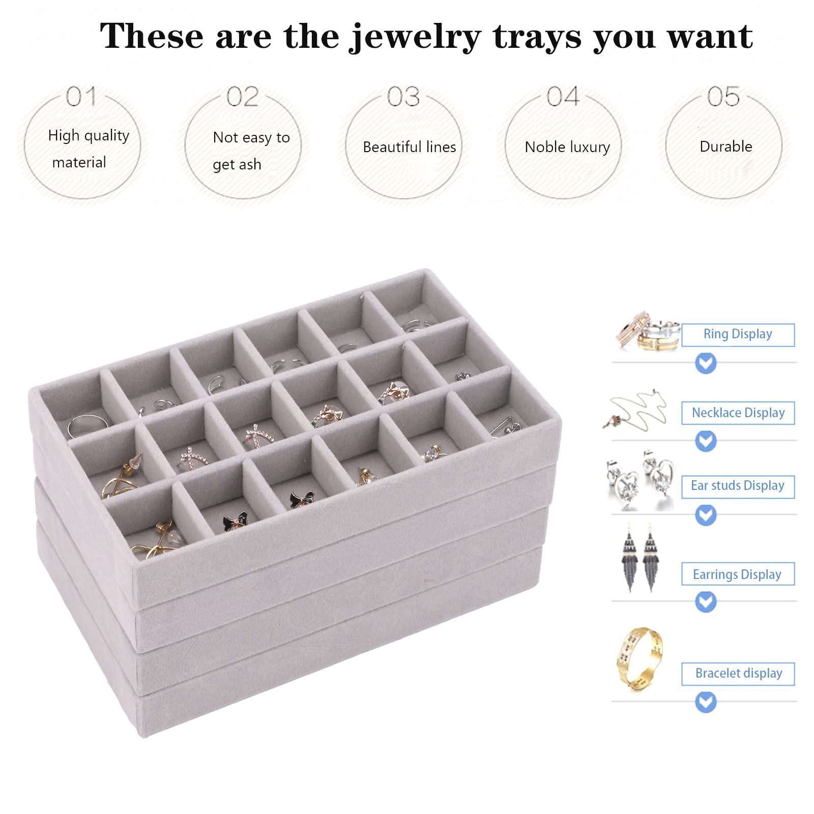 Velvet Jewelry Organizer Tray for Drawer - Stackable Jewelry Storage Inserts Set of 4 (Grey) | Perfect for Dresser, Vanity & Closet Organization | Jewelry Display & Accessories Storage Solution