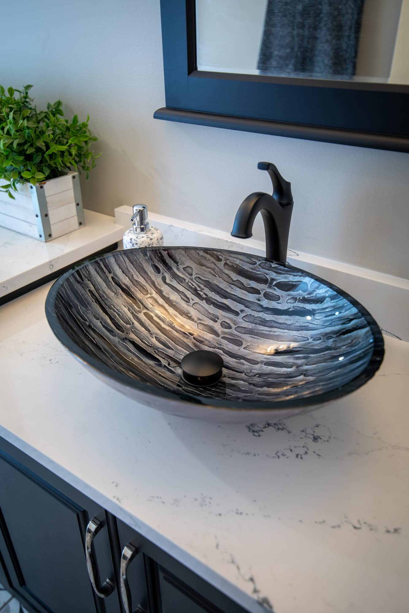 Elegant Silver & Black Streaked Oval Glass Vessel Sink for Bathroom Vanity - Modern Above Counter Bathroom Sink for Contemporary Home Decor