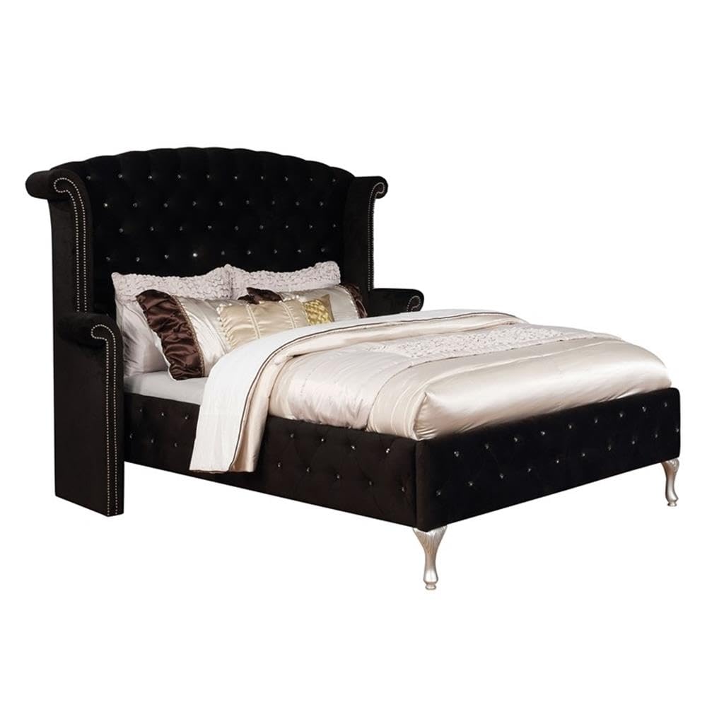 Furniture of America Serena Fabric Platform Queen Tufted Bed in Black - Modern Upholstered Bed Frame for Master Bedroom & Guest Room