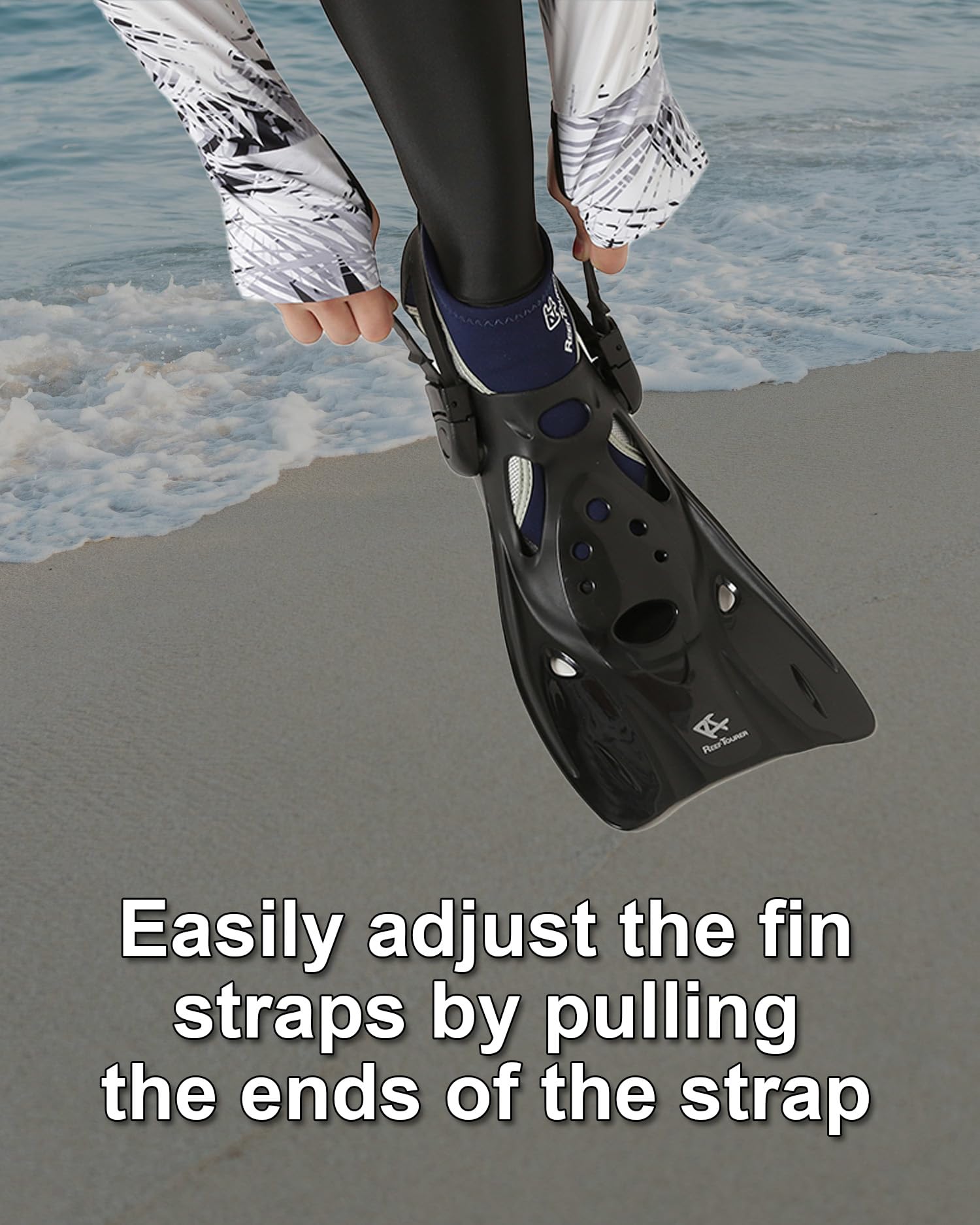 RF0106P Adjustable Open Heel Snorkel Fins for Kids & Adults - Compact Short Blade Swimming Flippers, Travel Size Snorkeling Gear for Beach, Pool & Water Sports