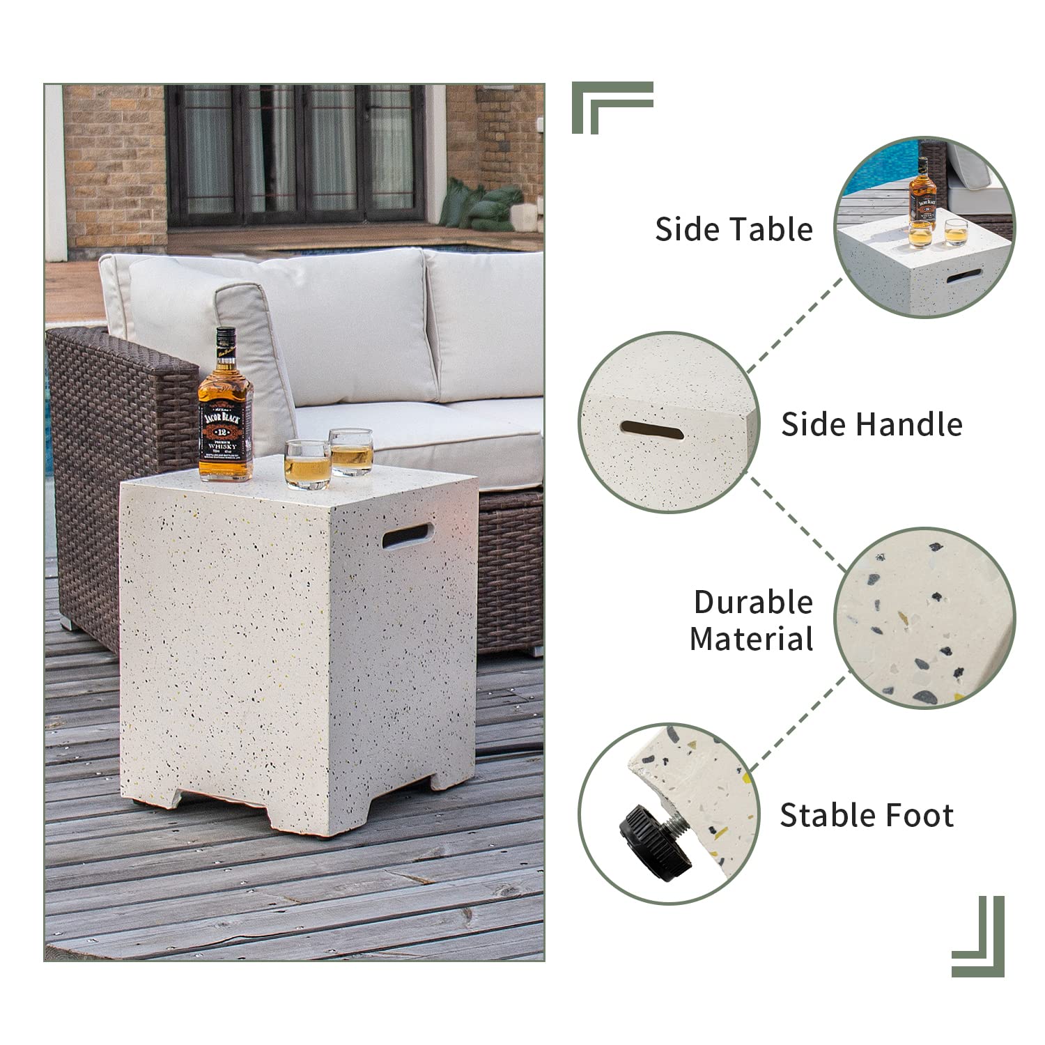 2-Piece Outdoor Propane Fire Pit Table Set with 28-inch Terrazzo Round Fire Table (40,000 BTU) & 16-inch Tank Cover Side Table - Includes 20lb Tank, Wind Guard & Rain Cover - Perfect for Garden, Patio, Poolside & Backyard Gatherings