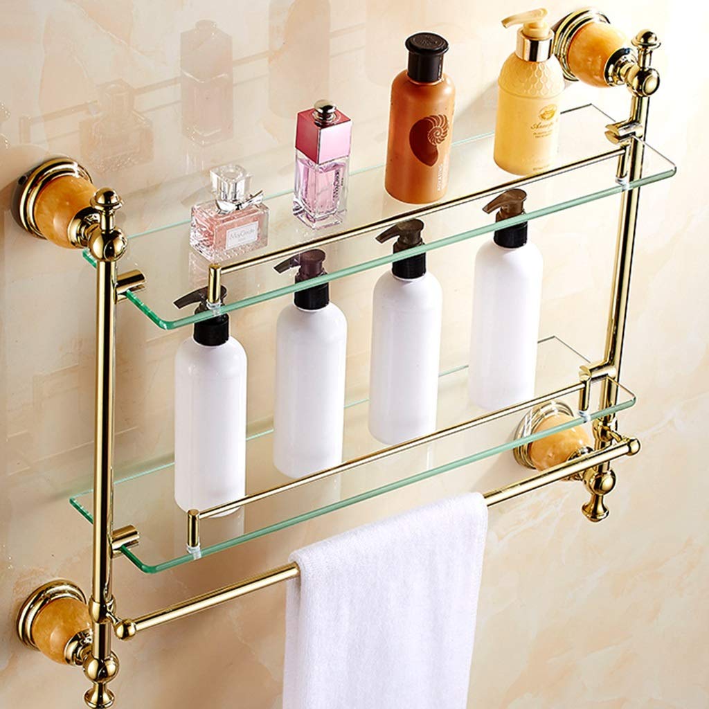 Premium Double Glass Bathroom Shelves - Waterproof Shower Storage Rack with Towel Holder | Rust-Resistant & Easy to Clean | Perfect for Organizing Cosmetics, Toiletries & Kitchen Spices | Ideal for Bathroom, Shower & Kitchen Storage Solutions