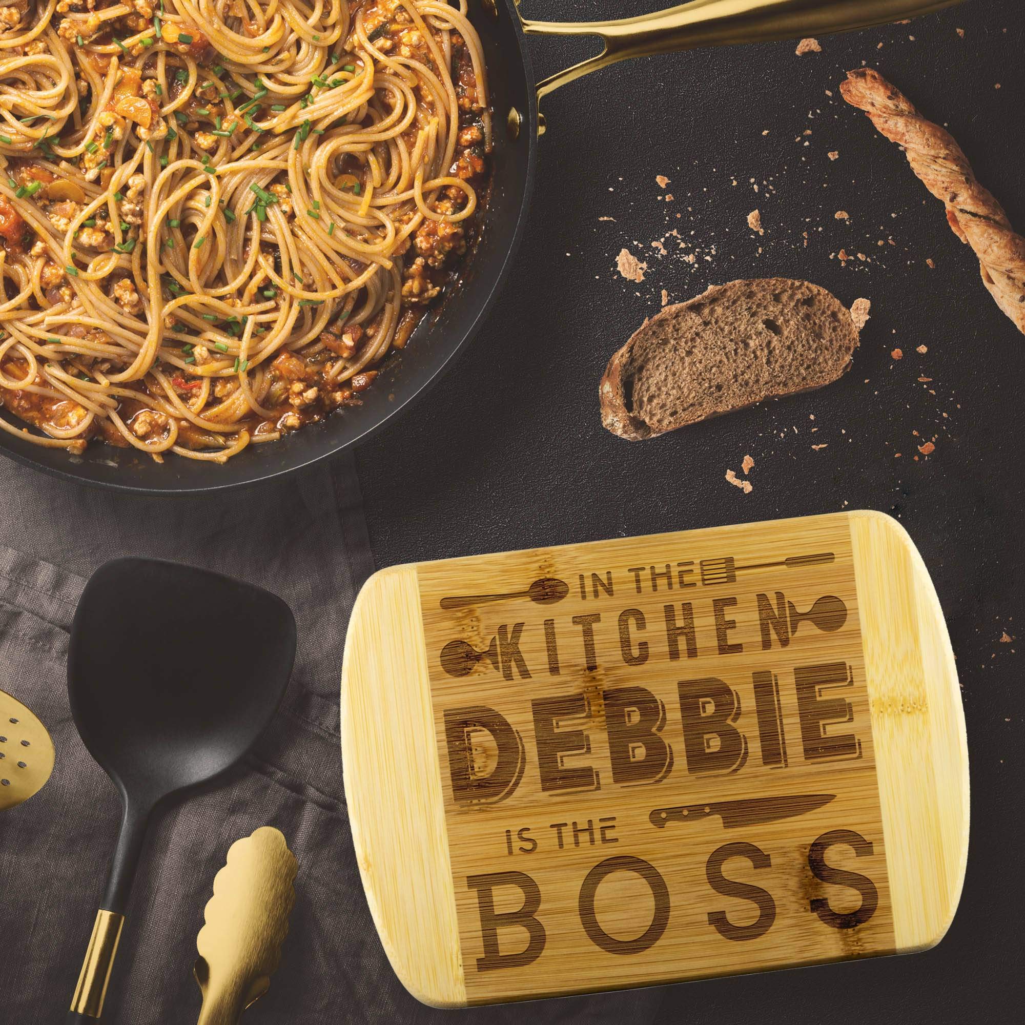 Funny Kitchen Cutting Board - 'In The Kitchen Debbie Is The Boss' - Unique Mothers Day Gifts, Housewarming, Birthday & Anniversary Present for Mom & Mother-in-Law - Perfect for Cooking Enthusiasts & Home Chefs