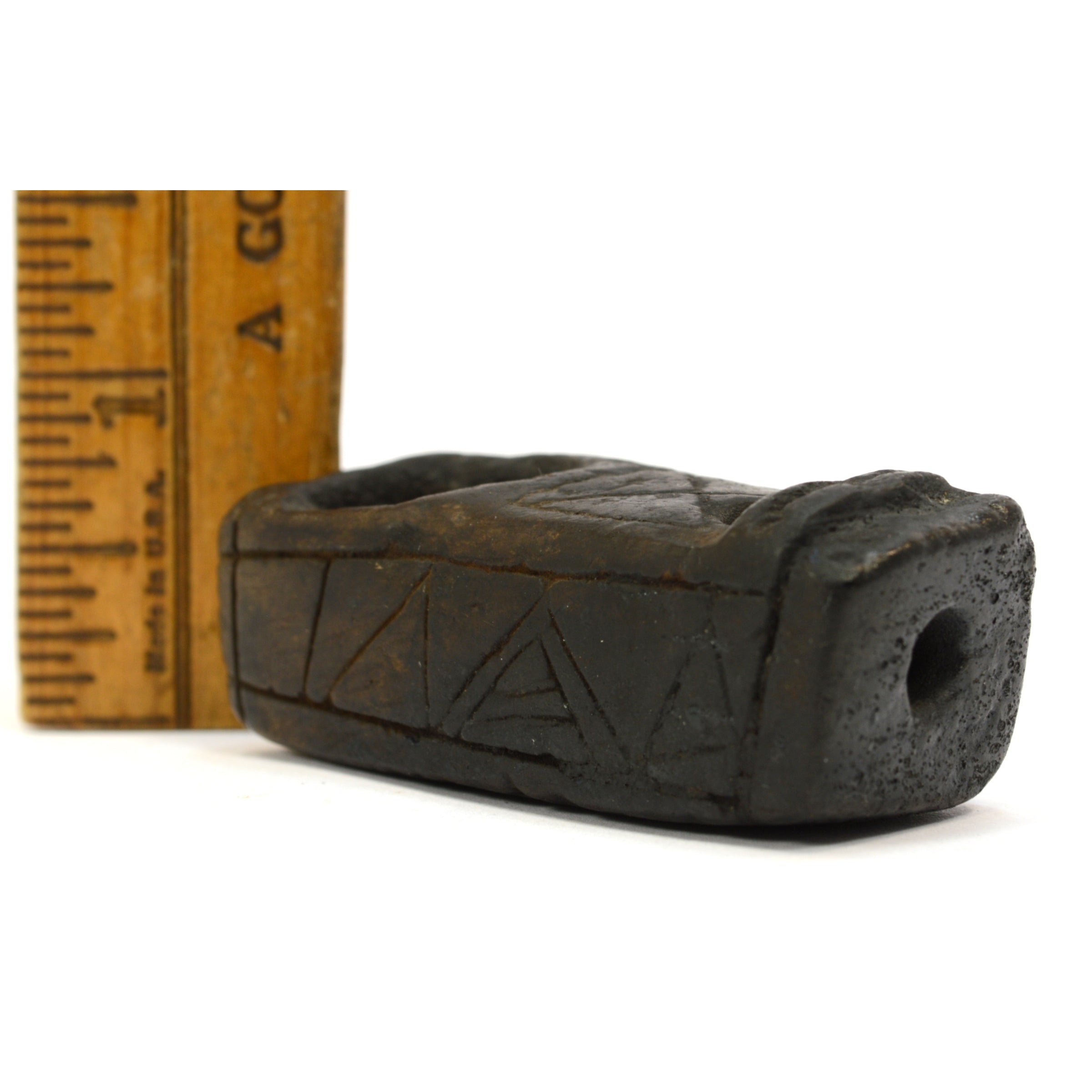 Ancient Steatite Smoking Pipe with Primitive Effigy & Intricate Incised Symbols - Unique Handcrafted Artifact for Collectors & Ritual Use